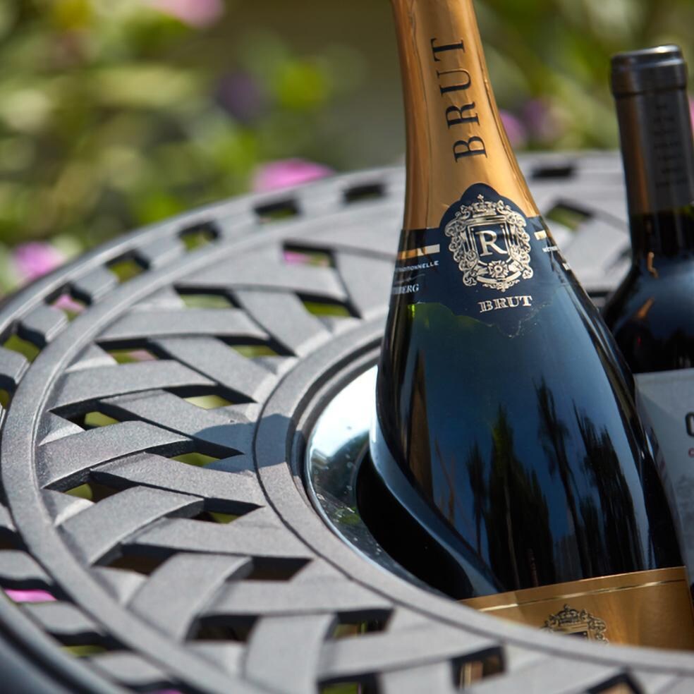 Darlee Santa Barbara 3 Pc Cast Aluminum Bistro Set w/ 24 Inch Series 60 Ice Bucket End Table - End Table w/ Bottles - Detail thumbnail