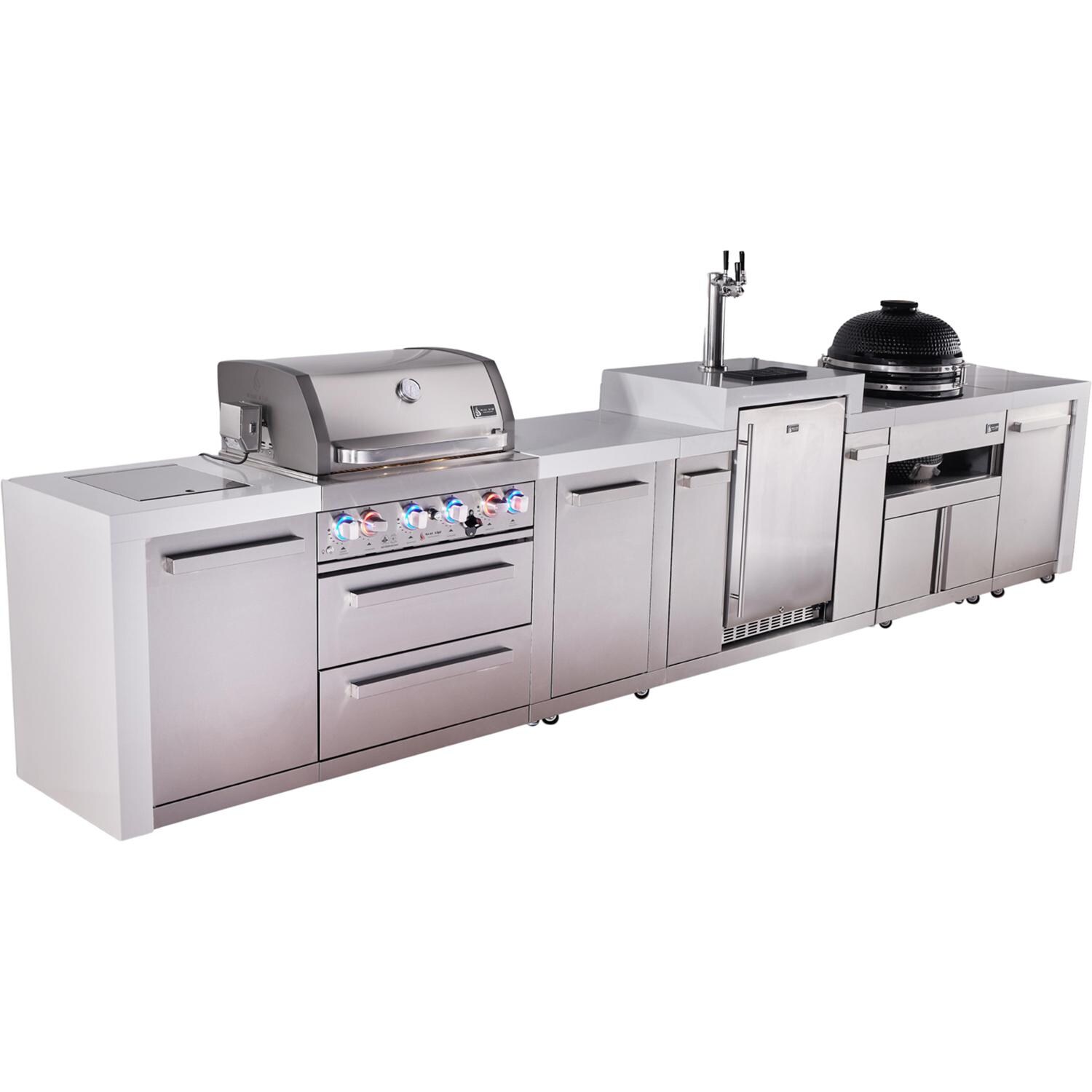 Mont Alpi Deluxe Series 15 Ft Natural Gas Outdoor Kitchen Island w/ 32-in Grill, Side Burner, Kegerator, Kamado Module & Extra Door (Ships Propane w/ Conversion Kit) - Angled Left - White Background thumbnail