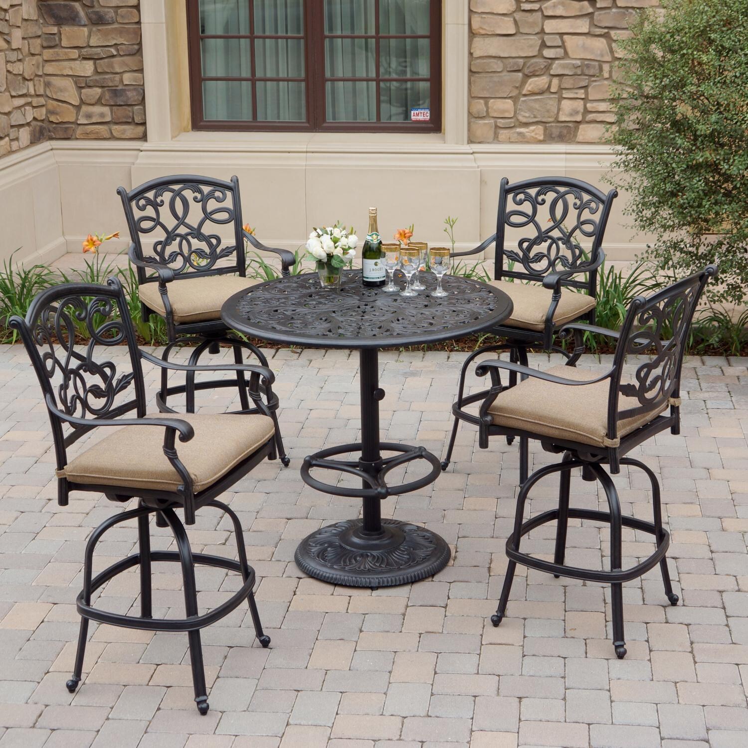Santa Monica 5 Pc Cast Aluminum Bar Set w/ 42 Inch Round Series 80 Table & Swivel Bar Stools in Antique Bronze/Sesame by Darlee
