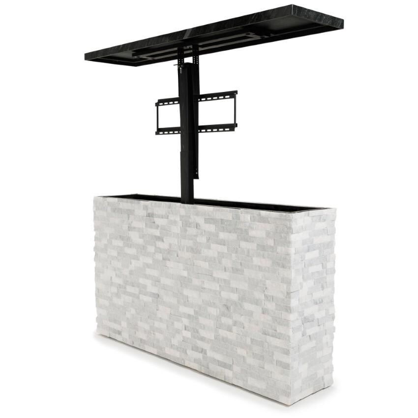 BBQGuys Signature 72 Inch 360 Degree Swivel Outdoor TV Lift Cabinet | Alaska Gray w/ Black Aluminum - Up Angled Right - White Background thumbnail