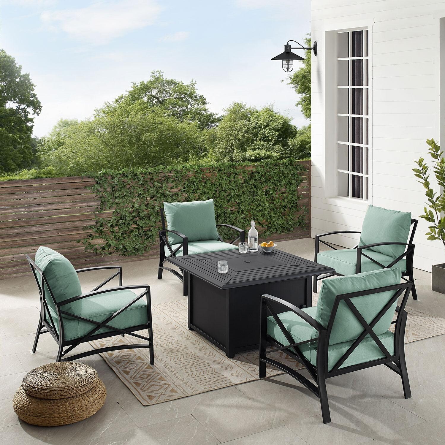 Ultimate Patio UP-82268BZ-MI 5Pc Outdoor Chair Set W/ Fire Table in Mist - Fire Pit Covered on Patio - Lifestyle thumbnail