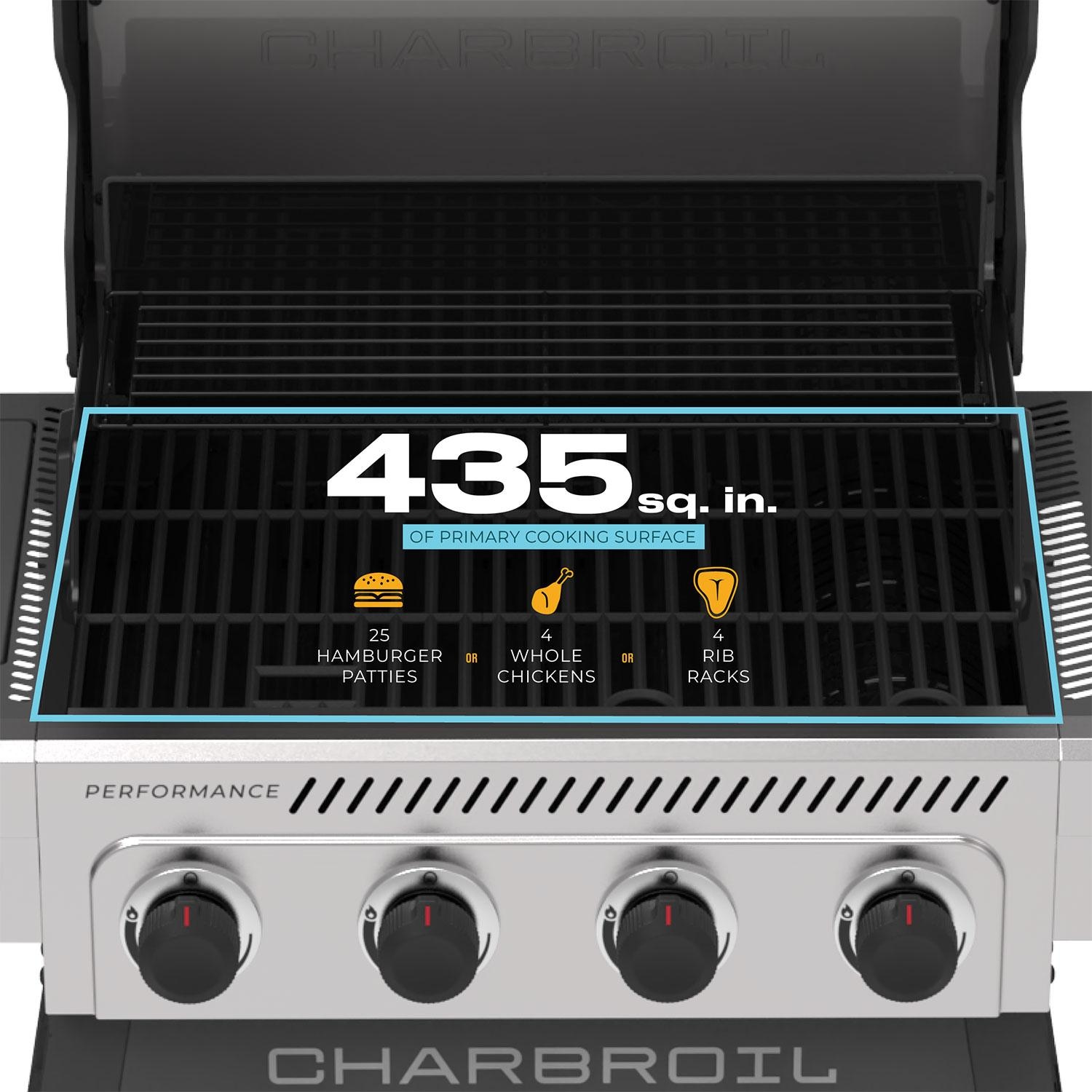 Charbroil 463349325 Performance Series 4-Burner Propane Grill A-Frame Cart W/ Side Burner - Black & Stainless Steel - Cooking Capacity - Detail thumbnail