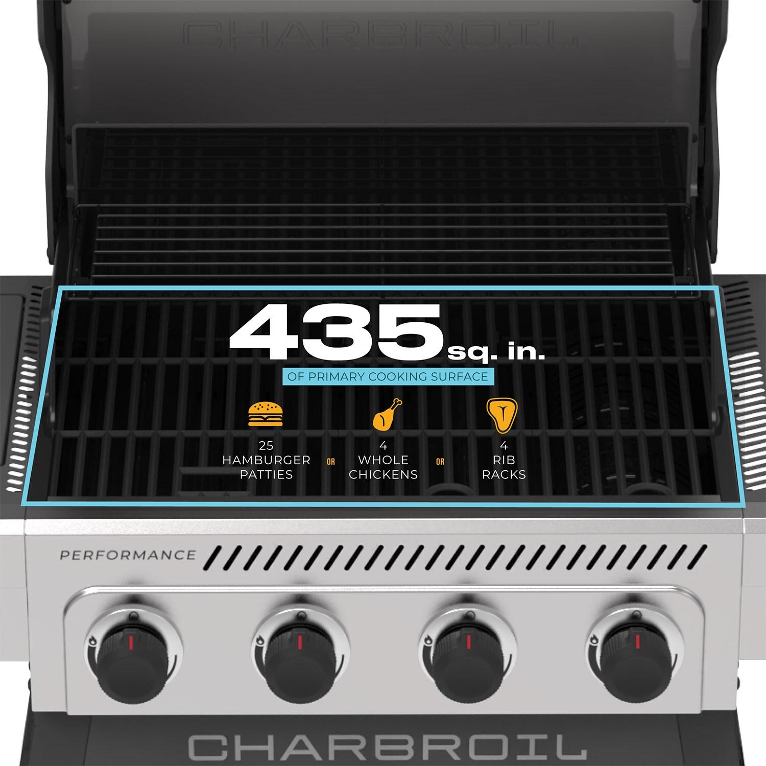 Charbroil 463349325 Performance Series 4-Burner Propane Grill A-Frame Cart W/ Side Burner - Black & Stainless Steel - Cooking Capacity - Detail thumbnail