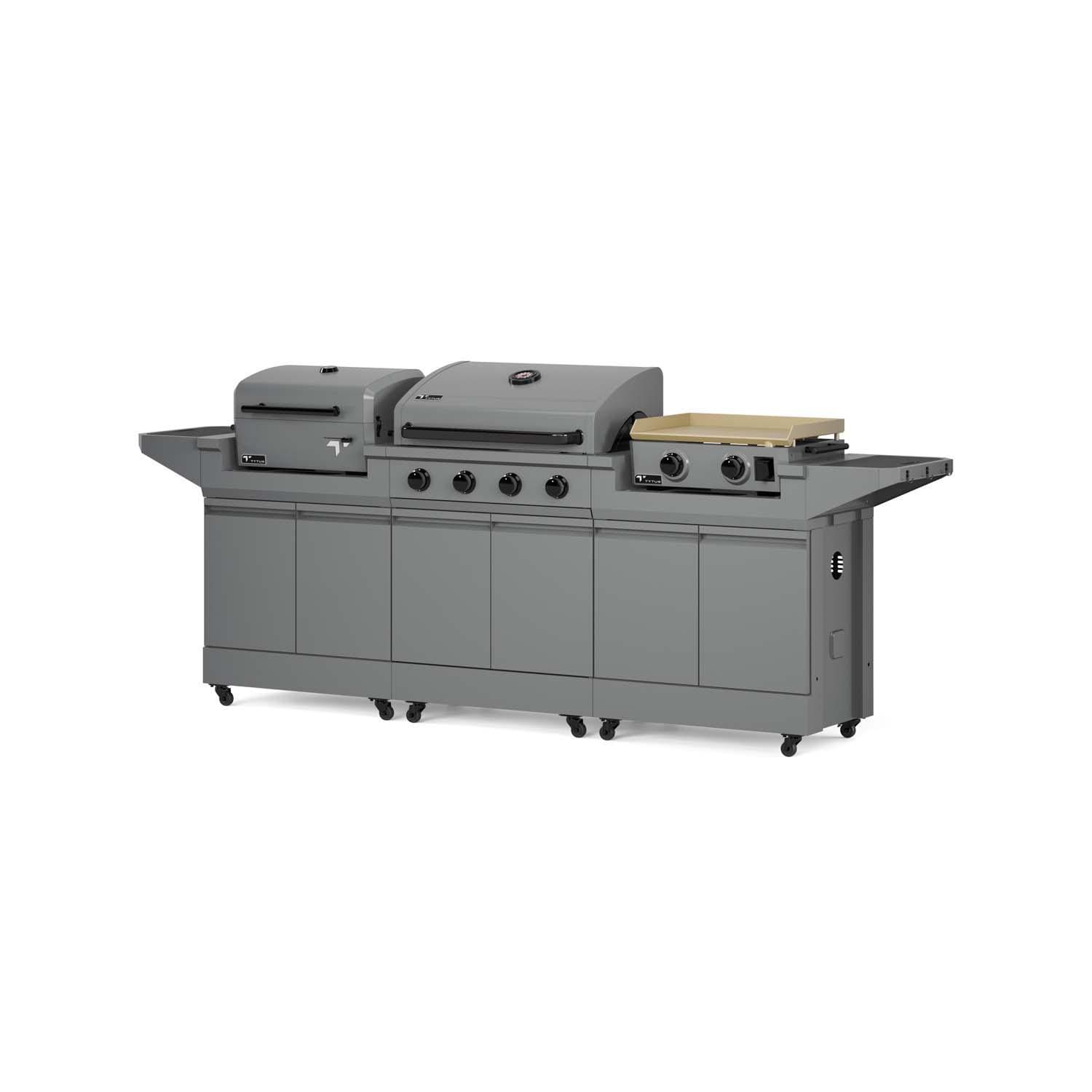 TYTUS TDT-BUN-010 Modular Trio w/ 32 Inch Propane Gas Grill, Charcoal Grill & Propane Gas Griddle - Left Angled - White Background thumbnail