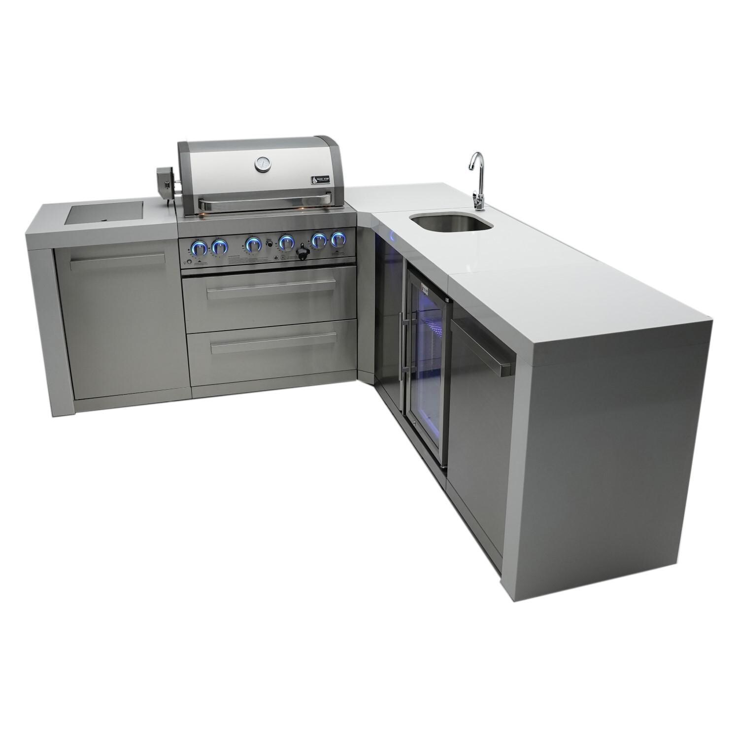  Mont Alpi - MAi400-D90BEV - Deluxe 90 Degree Propane Gas Island Grill W/ Beverage Center, Infrared Side Burner, & Rotisserie Kit - Closed From Right - White Background thumbnail