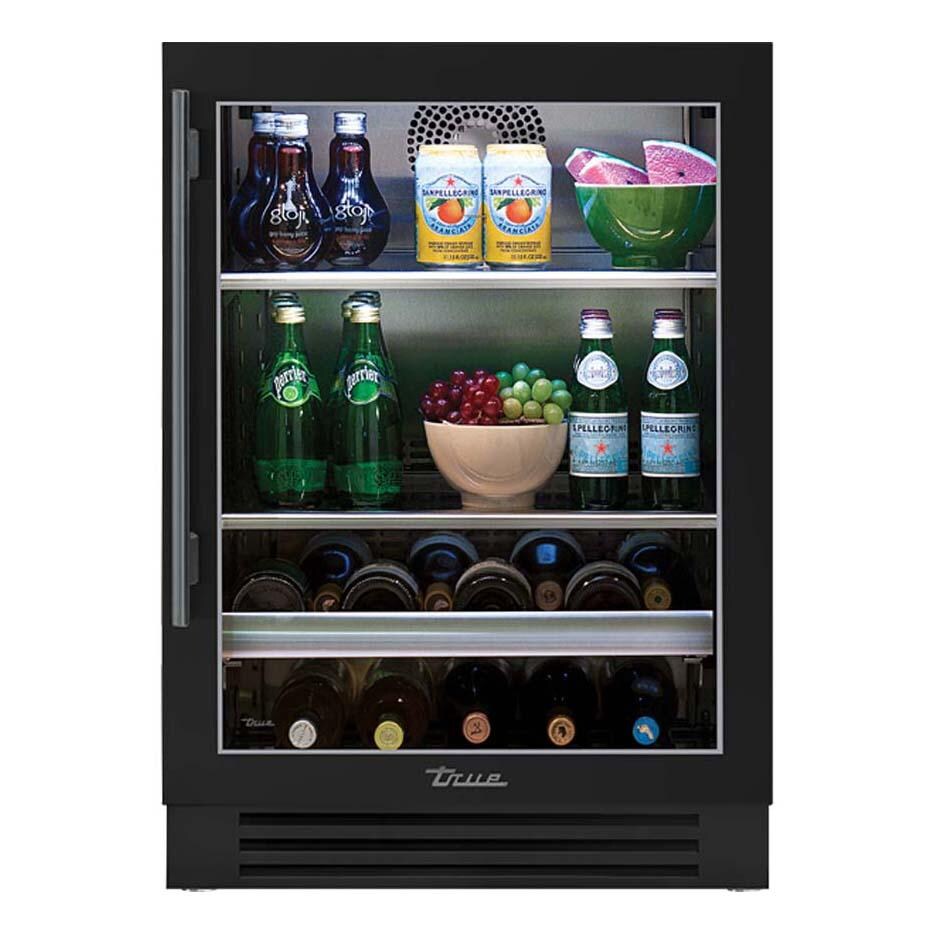 True TBC-24-R-OG-C~DSK-027-H05 24 Inch 147 Can 13 Bottle Right Hinge Glass Door Outdoor Outdoor Beverage Center - Matte Black w/ Pewter Handle - White Background thumbnail