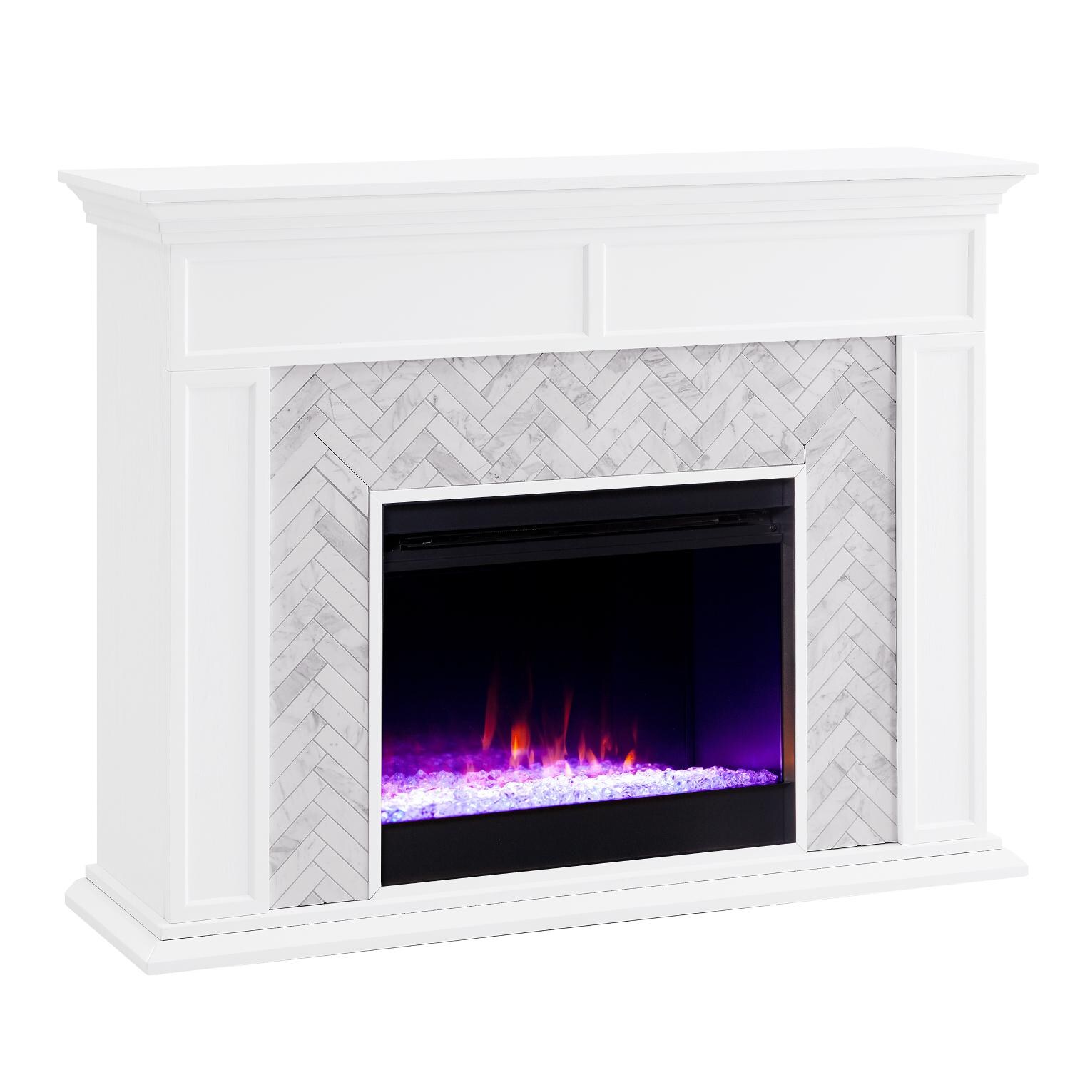 Southern Enterprises FC1009359 Torlington 50-Inch Color Changing Electric Fireplace - White W/ Gray & White Marble Tile - Angle View thumbnail