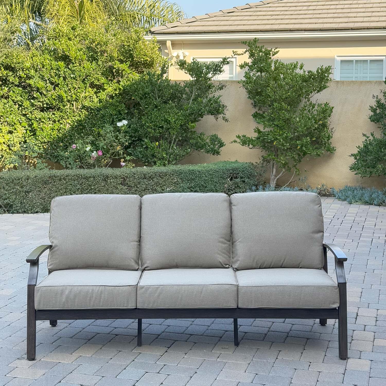 Atlantis 4 Pc Aluminum Seating Set w/ Square Fire Pit Chat Table in Walnut/Beige by Darlee - Sofa - Lifestyle thumbnail
