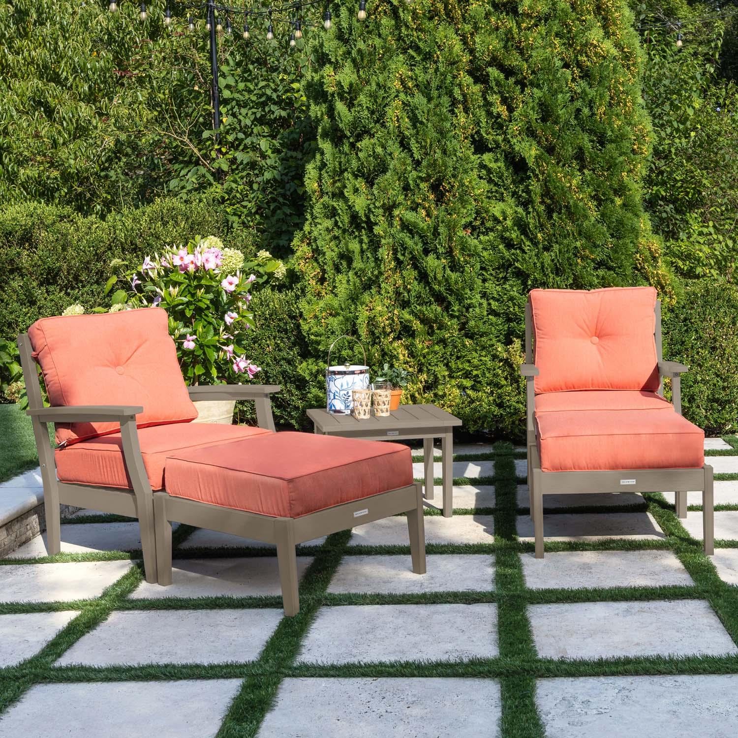 Blushing Bay 5 Pc Recycled Plastic Seating Set in Canvas Persimmon/Woodland Brown by Lakeview Outdoor Designs - Left Angled - Lifestyle thumbnail