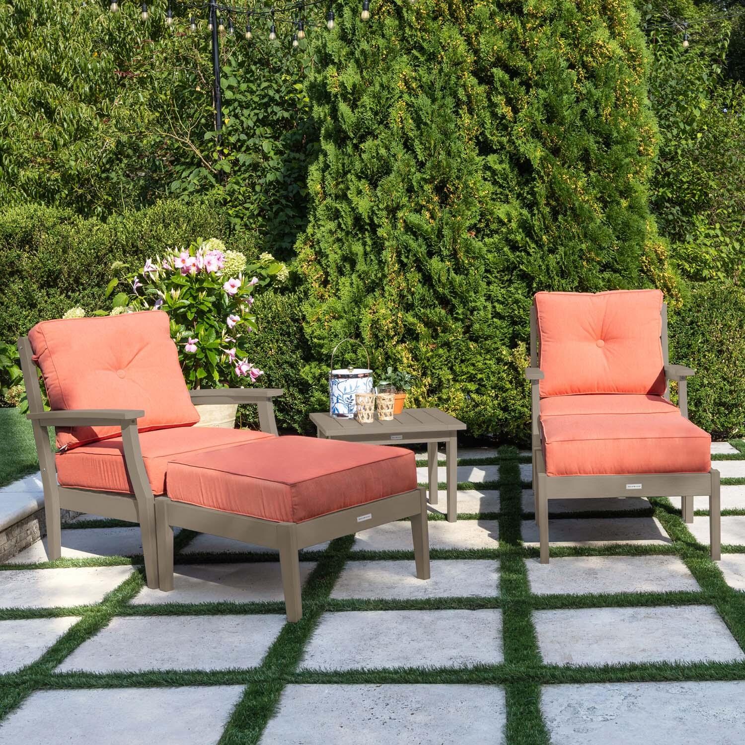 Blushing Bay 5 Pc Recycled Plastic Seating Set in Canvas Persimmon/Woodland Brown by Lakeview Outdoor Designs - Left Angled - Lifestyle thumbnail