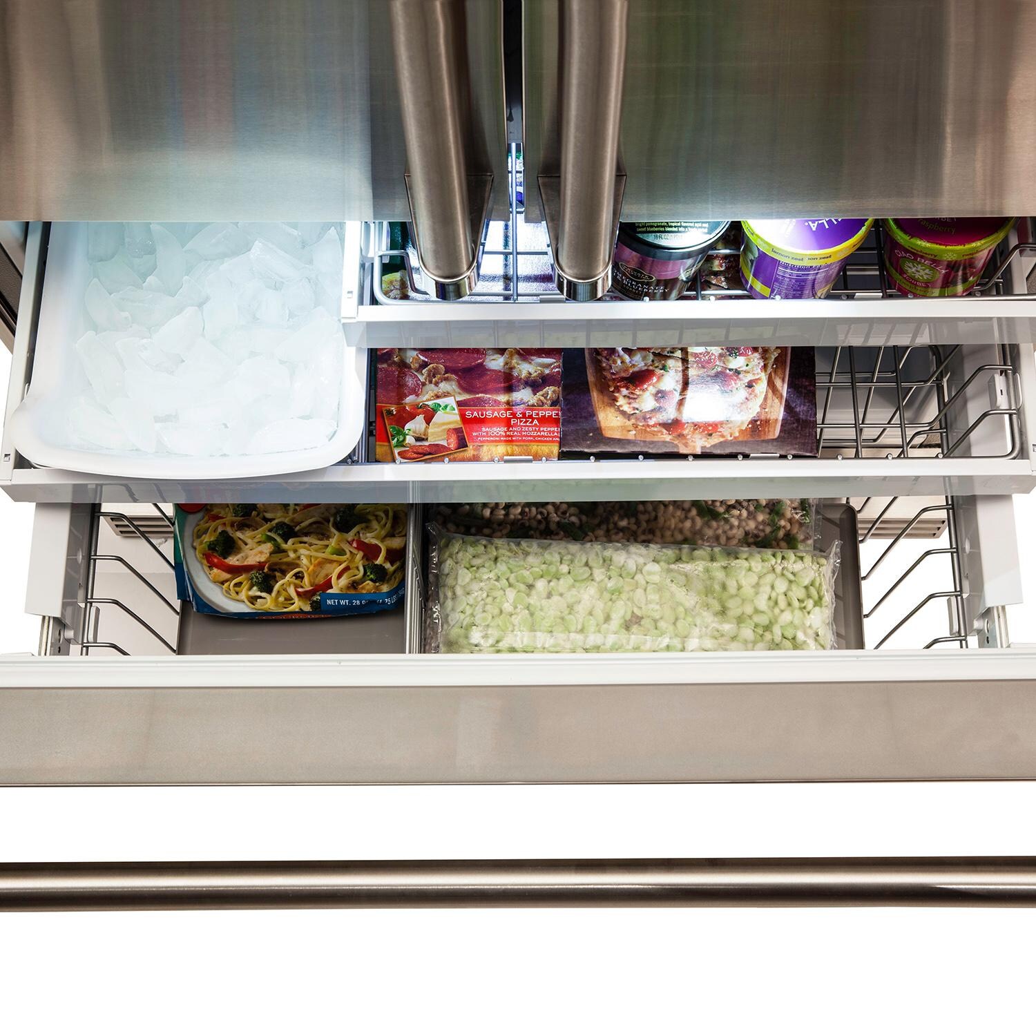 Viking 3 Series 36-Inch 22.1 Cu. Ft. French Door Bottom Freezer Refrigerator - RVRF3361SS - Freezer Open thumbnail