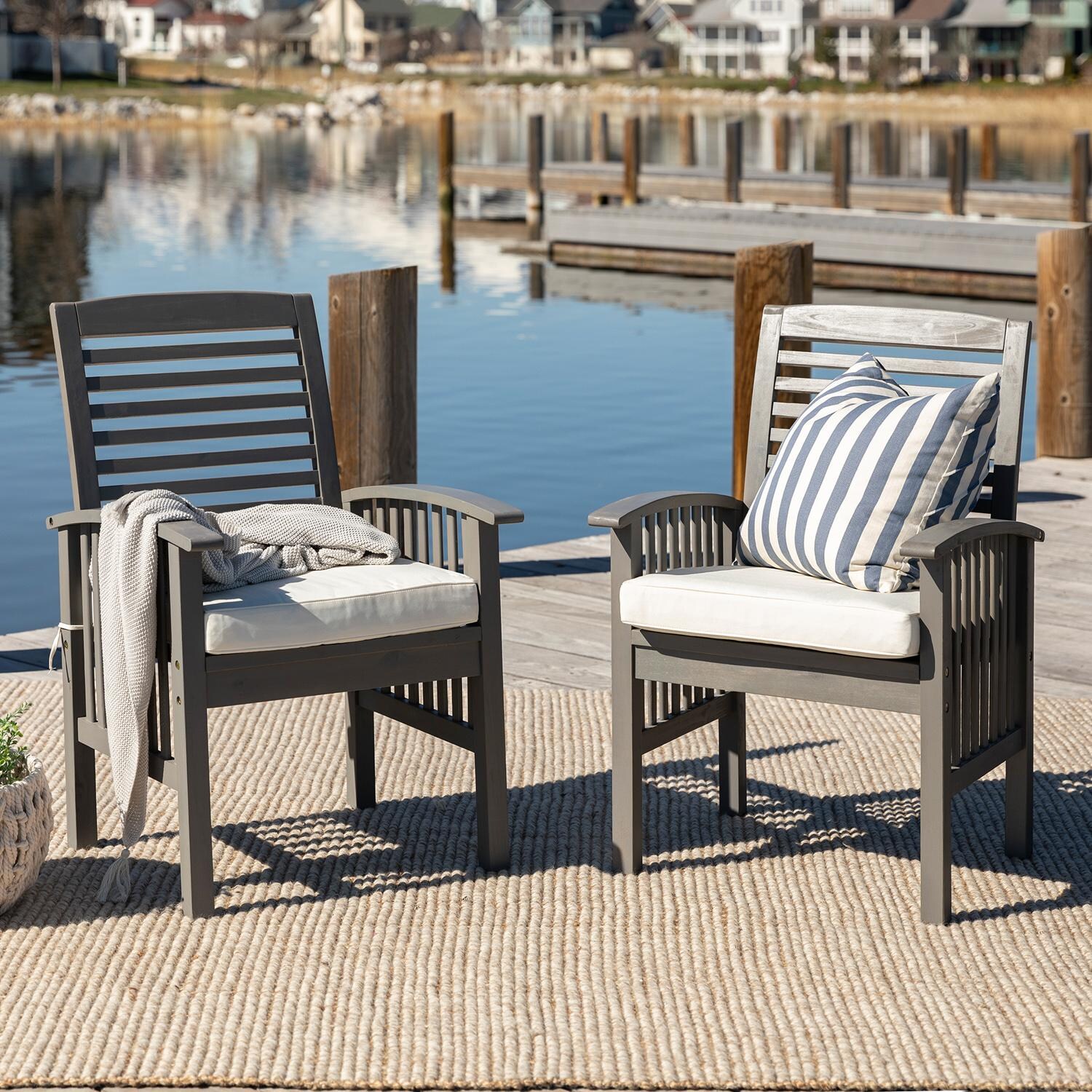 Walker Edison Midland 2 Piece Acacia Patio Dining Arm Chair Set W/ Off-White Cushions - Grey Wash image