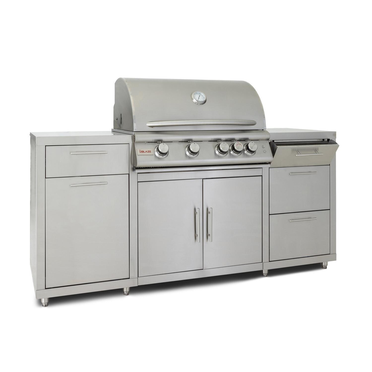 Blaze BLZ-SS-ISLAND-4LTE2-LP 6-Foot Stainless Steel Island w/ Premium LTE 32-Inch Propane Grill - Angled Right Top Storage Drawer Open - White Background thumbnail