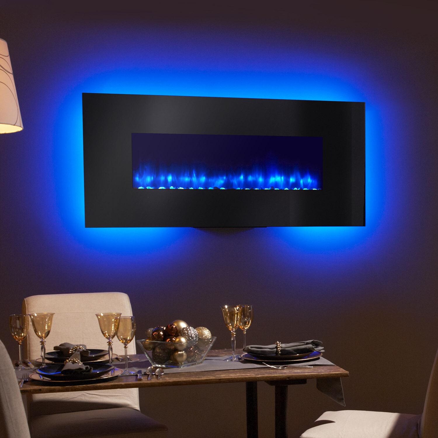 SimpliFire 58-Inch Linear Wall Mount Electric Fireplace - Blue Flame - Blue Light - Living Room Lifestyle - Close-up thumbnail