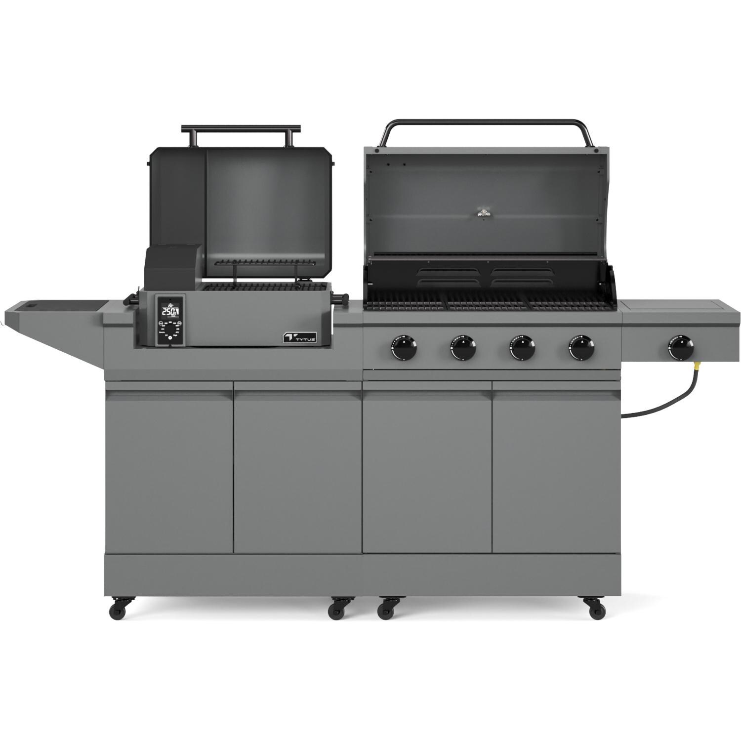 TYTUS TDT-BUN-055 Modular Duo w/ 4-Burner Gas Grill & Pellet Grill - Open - White Background thumbnail