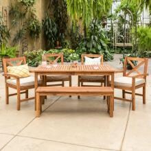 Crosswinds 6 Piece Acacia Patio Dining Set W/ 60 X 34 Inch Rectangular Table & Natural Cushions By Walker Edison