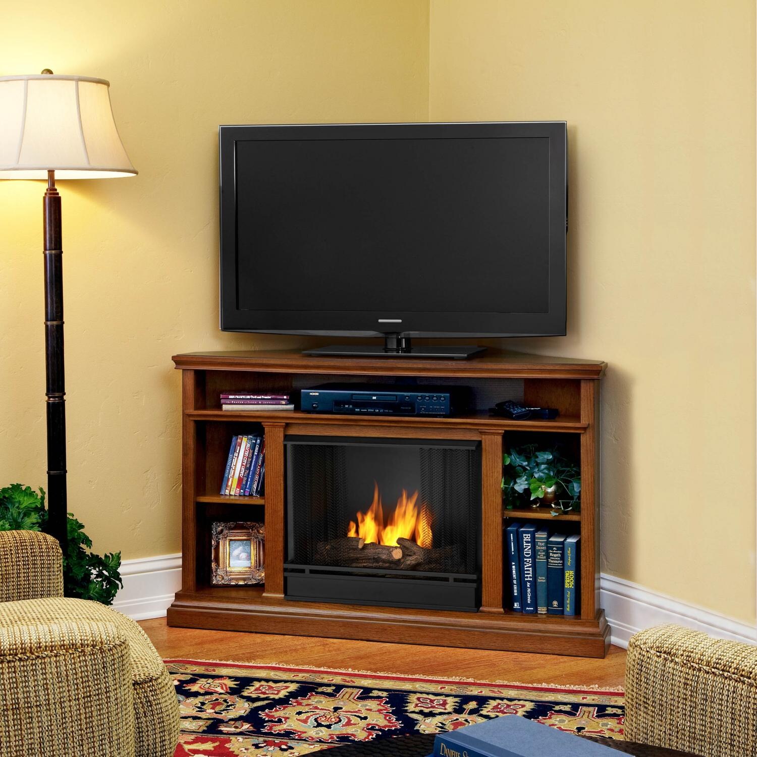 Real Flame Churchill 50Inch Corner Gel Fireplace With Mantel Oak 3750O BBQGuys