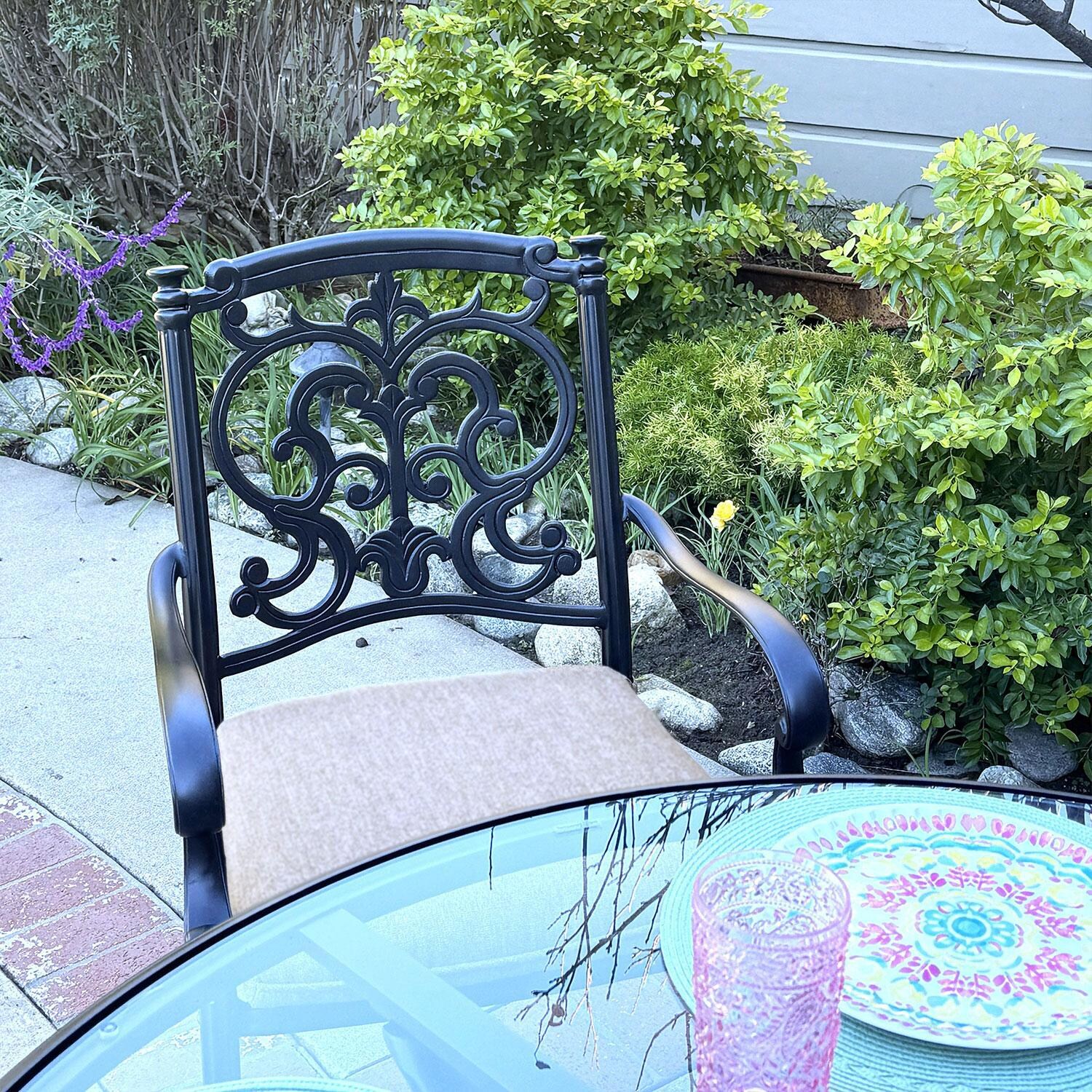 Santa Barbara 5 Pc Cast Aluminum Swivel / Rocker Dining Set in Antique Bronze/Beige Canvas by Darlee - Close Up - Lifestyle thumbnail