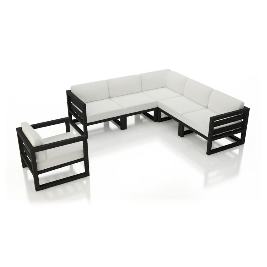 Lakeview Misty Cove 6 Pc Aluminum Sectional Set in Black w/Club Chair & Canvas Natural Cushions by Lakeview Outdoor Designs - White Background thumbnail