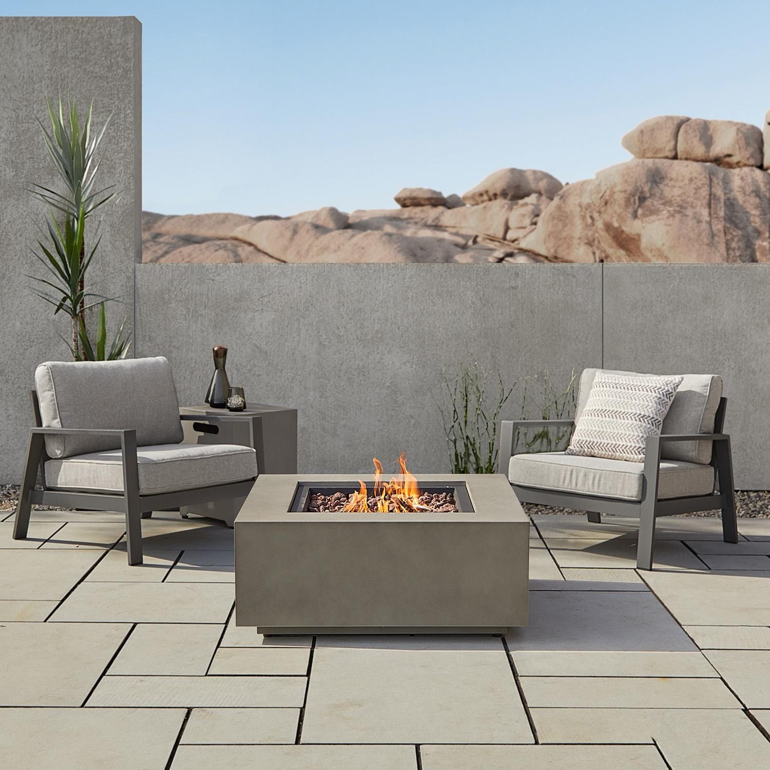 Elysian 4 Pc Powder Coated Steel Seating Set w/ 36 Inch Square Fire Pit in Mist Gray by Lakeview Outdoor Designs