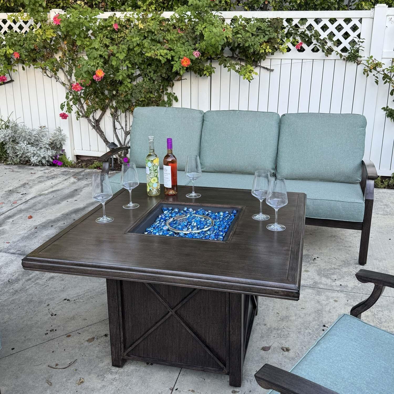 Atlantis 4 Pc Aluminum Seating Set w/ Square Fire Pit Chat Table in Walnut/Spa by Darlee - Fire Pit - Lifestyle thumbnail
