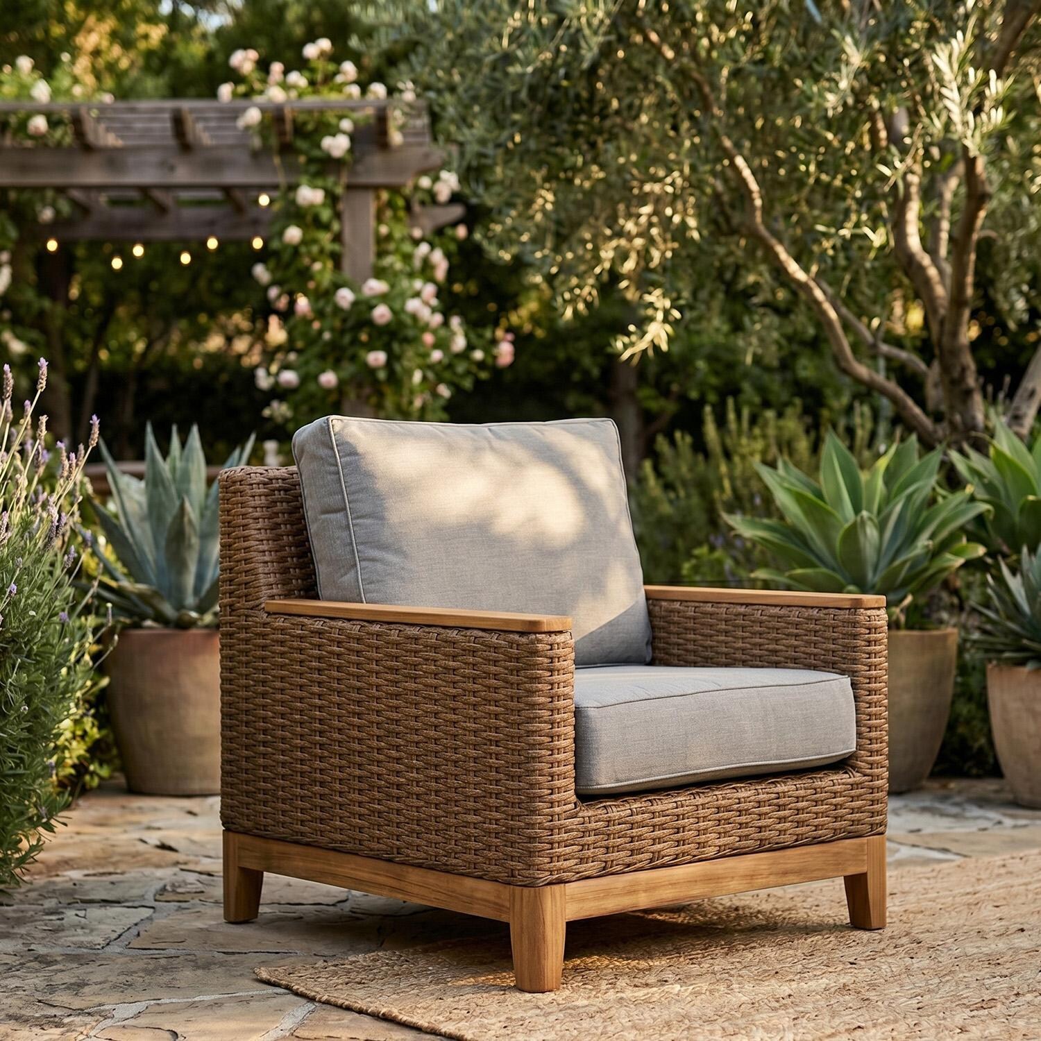 Boca Wicker Club Chair w/ Sunbrella Canvas Cushion in Honey/Canvas Granite by Royal Teak Collection