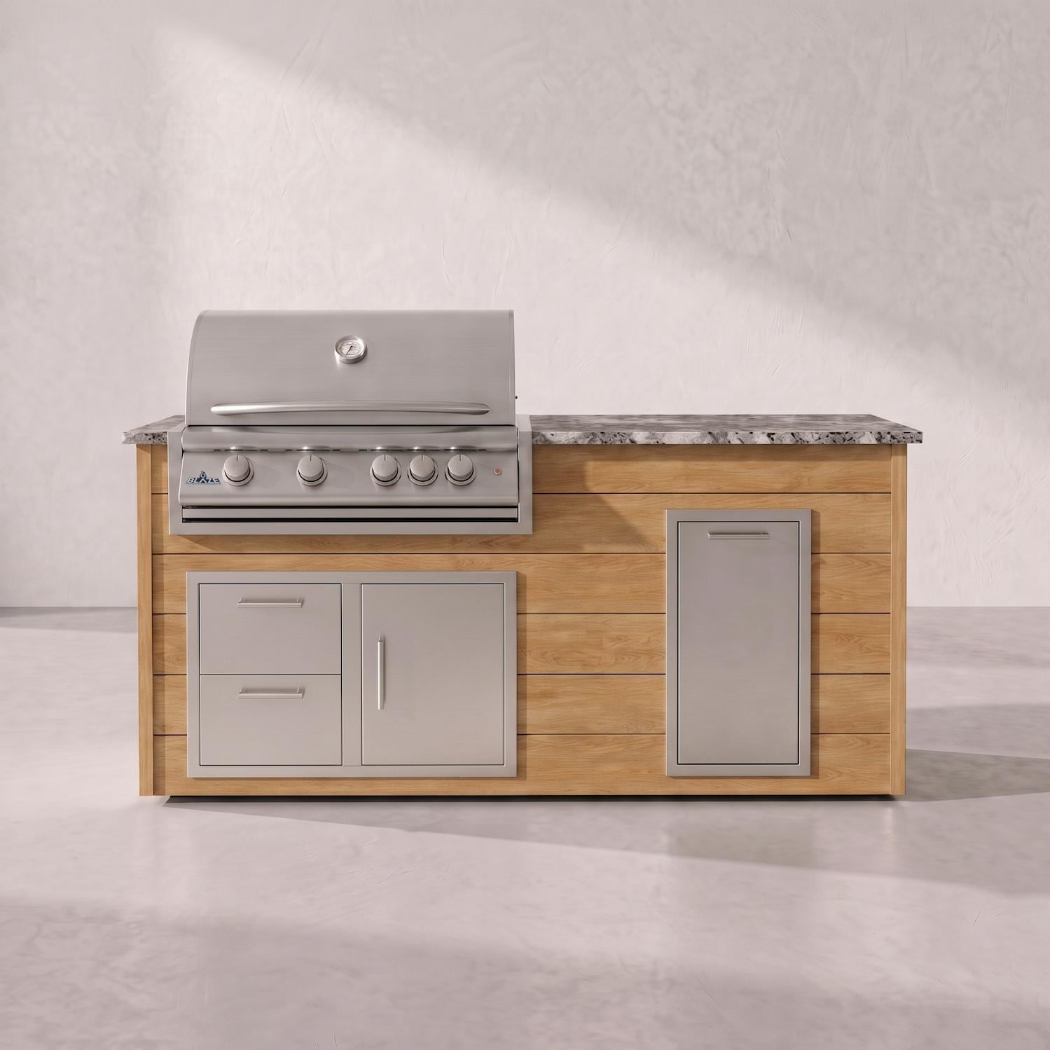 BBQGuys Signature 6 Ft Grill Island w/ 32 Inch Propane Blaze Premium LTE+ Grill, Narrow Trash Bin & Door & Drawer | Sun Bleached Oak w/ White Granite - Front - Lifestyle thumbnail