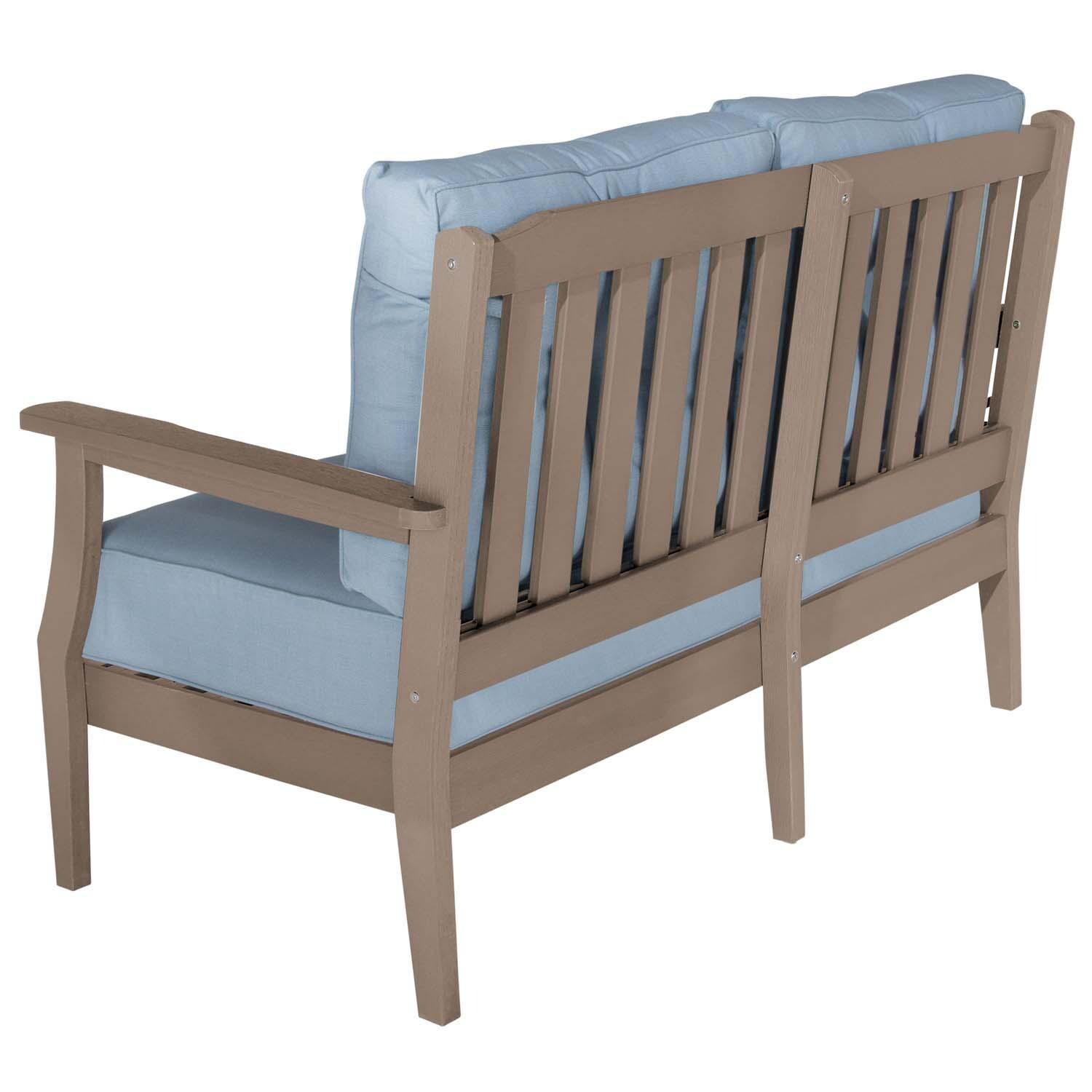 Blushing Bay 2 Person Recycled Plastic Loveseat in Bliss Dew/Woodland Brown by Lakeview Outdoor Designs - Back View - White Background thumbnail
