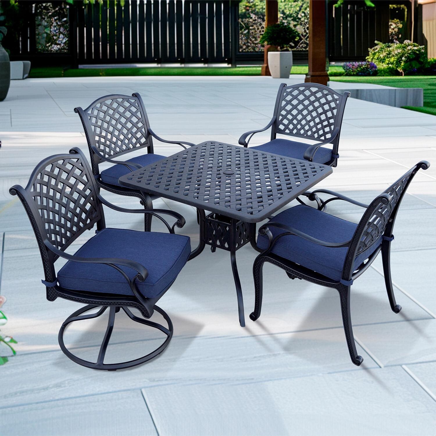 Darlee Nassau 5-Piece Patio Dining Set (with 2 Swivel Rockers) with Navy Blue Cushions and 36 Inch Square Dining Table - Set - Lifestyle thumbnail