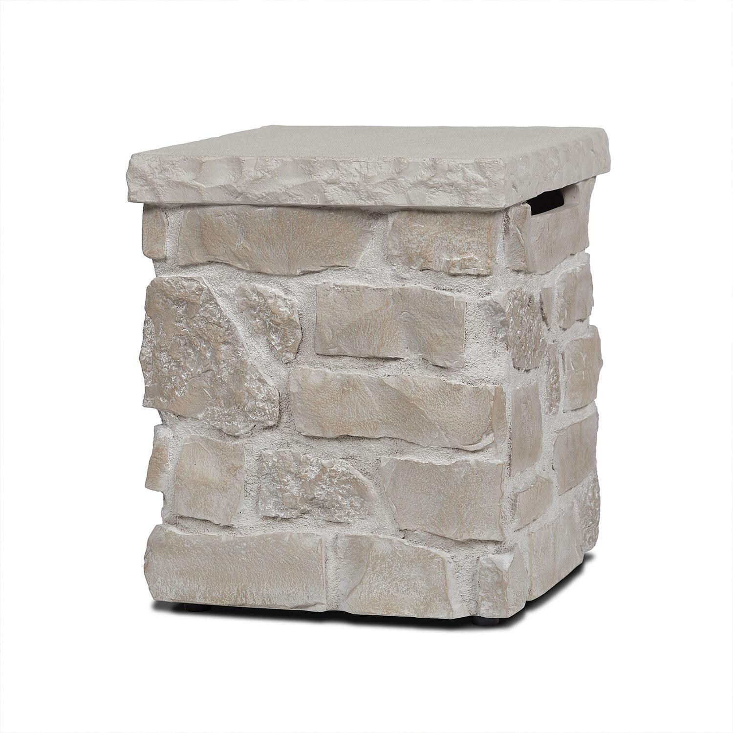 Heritage 20 Inch Square Stone Propane Tank Cover & Side Table in Beige by Lakeview - Display - White Background thumbnail