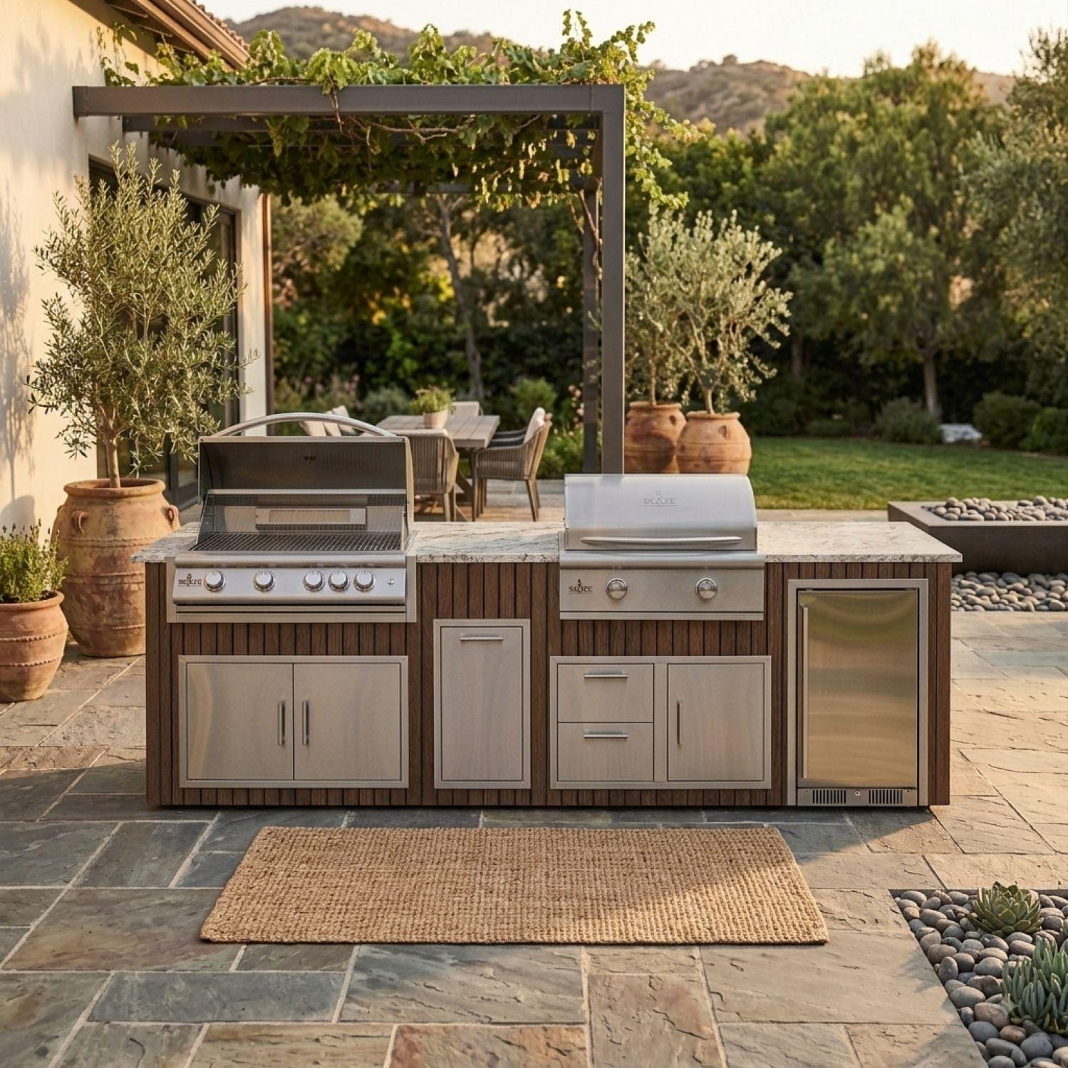 BBQGuys Signature  10 Ft Outdoor Kitchen Island w/ 32-in Propane Blaze LTE+ Grill & Griddle, 15-in Refrigerator & Narrow Trash Bin | Toffee w/ White Valley Granite - Island - Lifestyle thumbnail