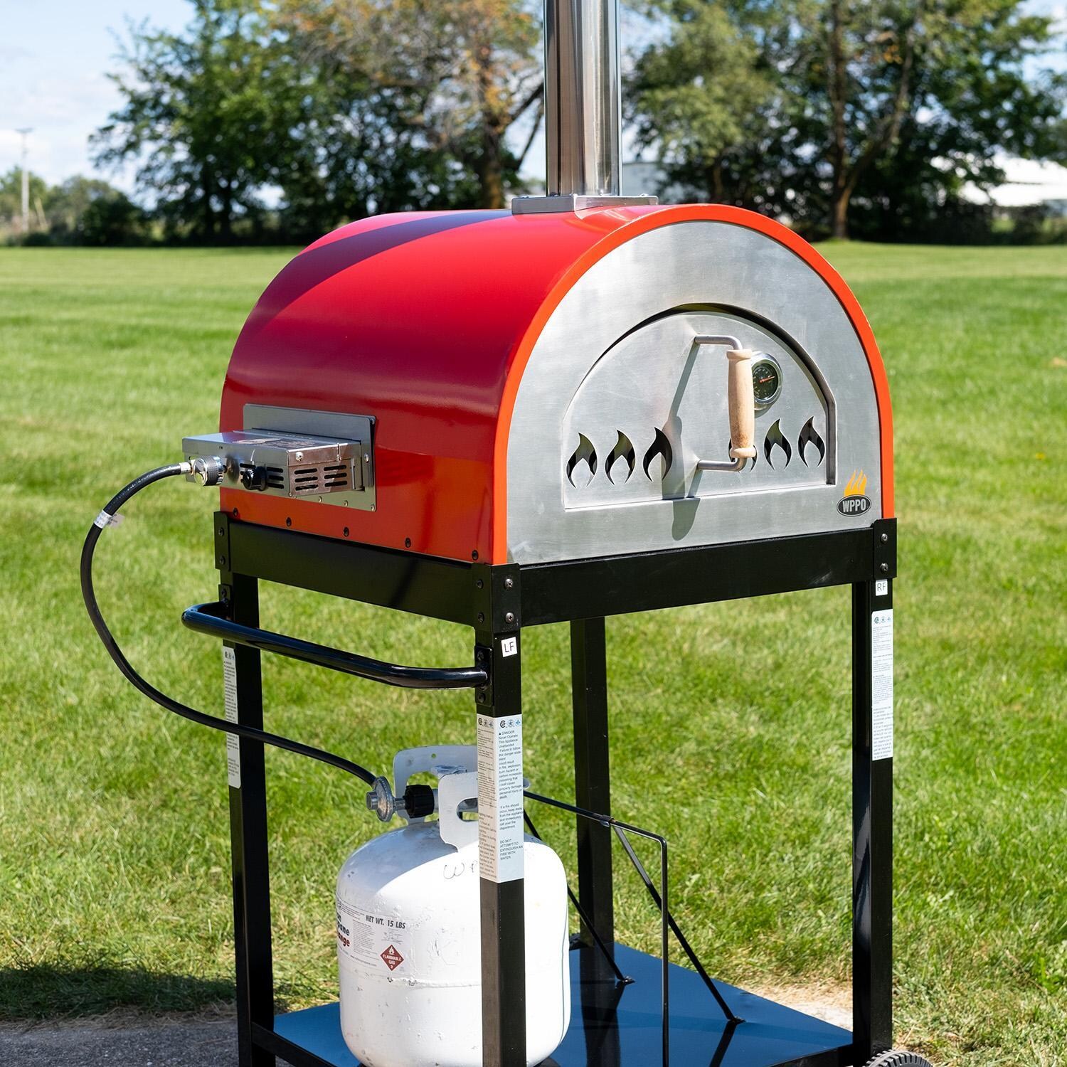 WPPO WKE-04WG-RED Traditional Dual Fueled 25-in Wood/Gas-Fired Oven - Red - Angled View w/ Attachment - Lifestyle thumbnail