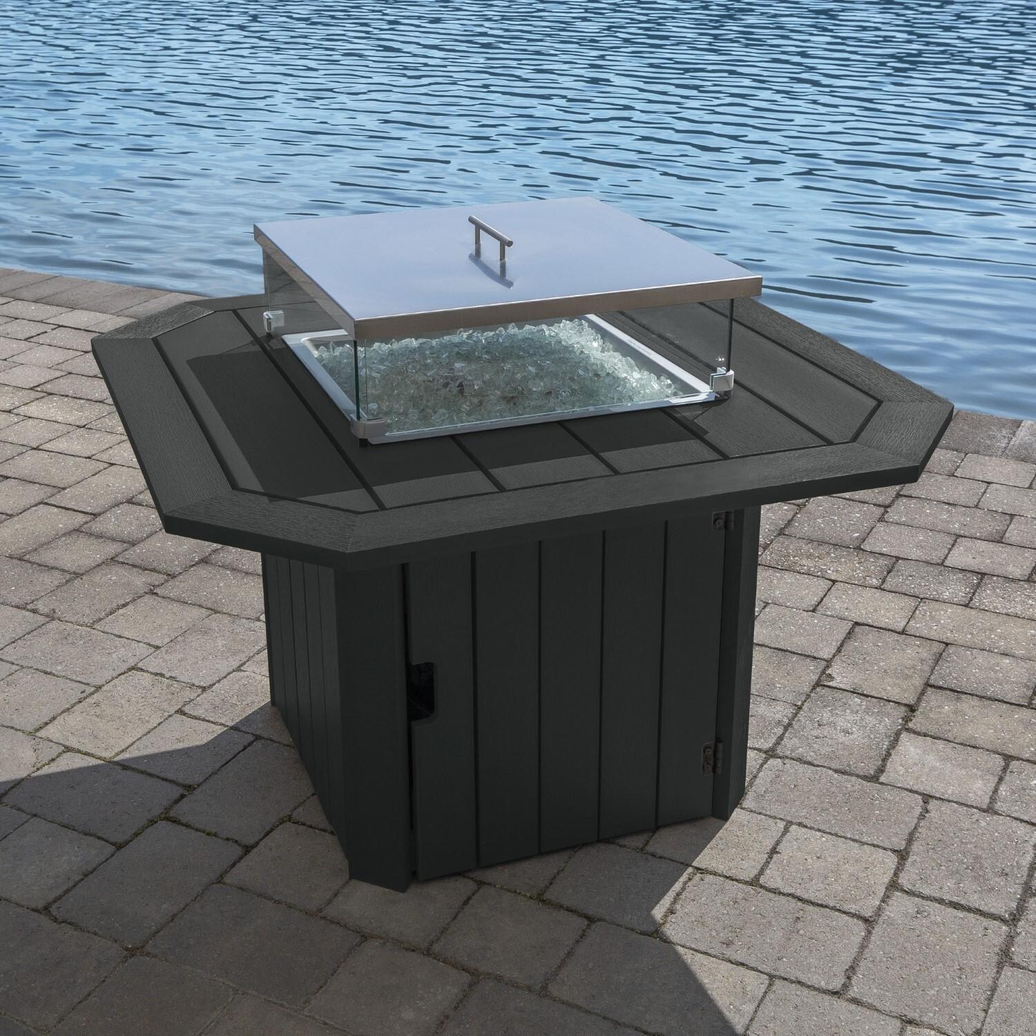 Harborview Octagonal Fire Pit Table in Black by Lakeview Outdoor Designs - Off W/ Lid - Lifestyle thumbnail