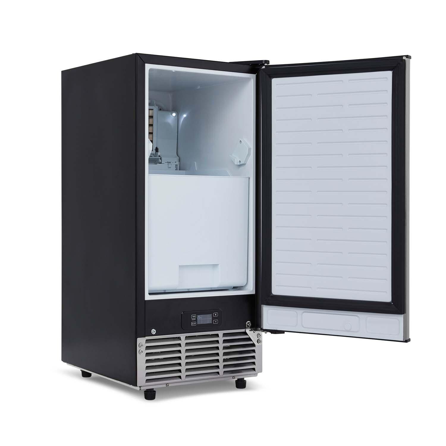 NewAir NCI080SS00 15 Inch 80 Lb.Right Hinge Ice Maker - Angled Door Open Empty - White Background thumbnail