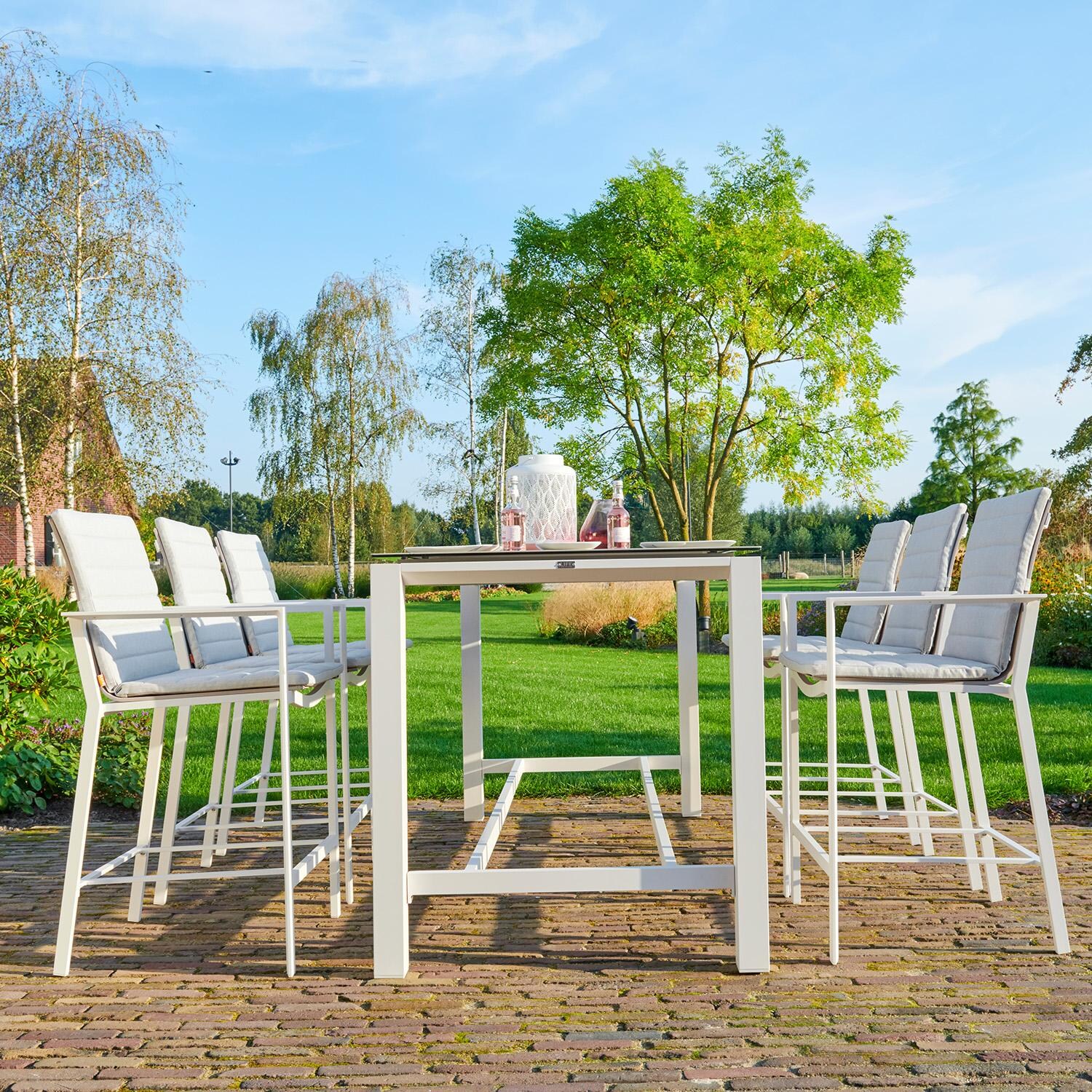 Primavera 7 Pc Aluminum Bar Set w/ Concrete Look Ceramic Tabletop in White / Mouse Grey - Side - Lifestyle thumbnail