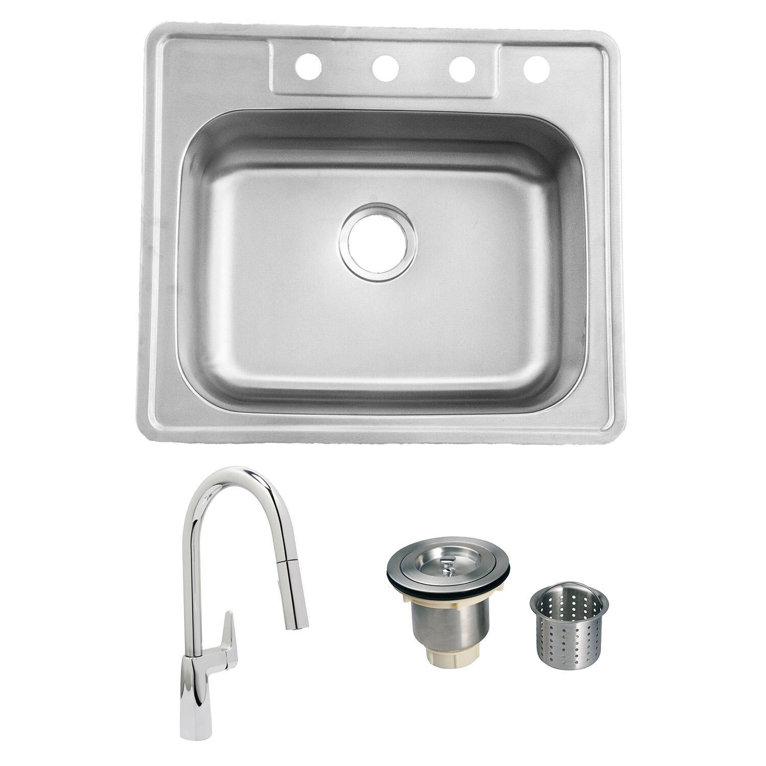 ADA Compliant 25 X 22 Stainless Steel Outdoor Sink with Huntington Brass Dual Spray 15.75 Inch High Pull Down Faucet and Strainer Basket