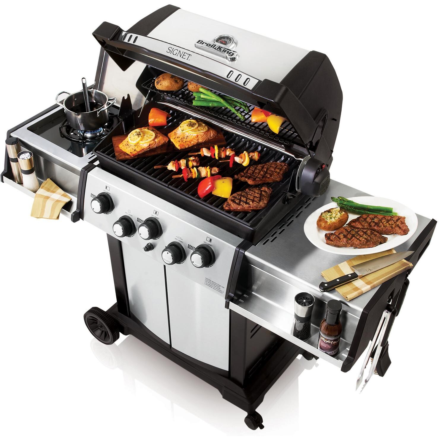 Broil King Signet 90 3-Burner Freestanding Gas Grill - Angled View With Food thumbnail
