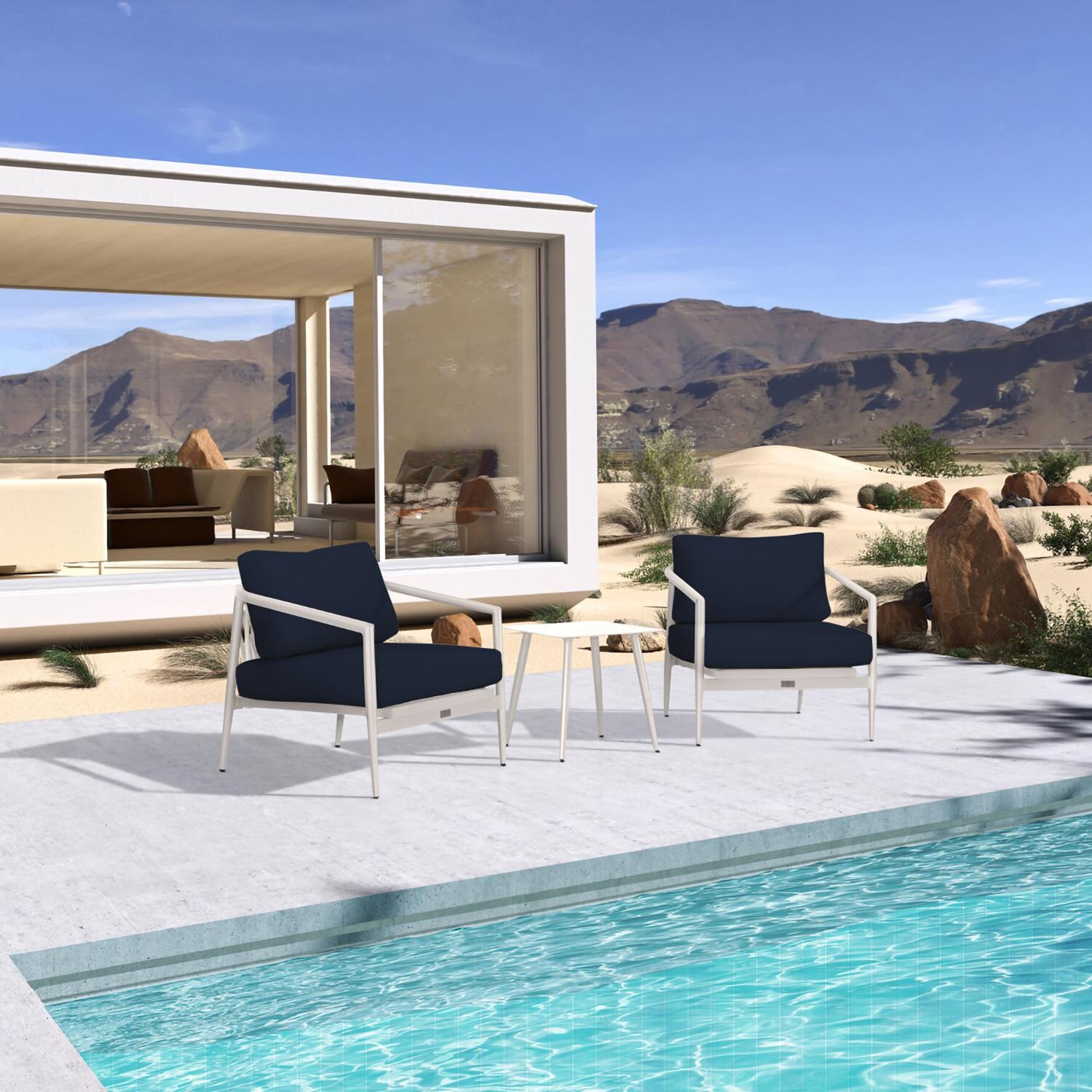 Lakeview Midnight Cove 3 Pc Aluminum Club Chair Seating Set in Urban Stone/Carrera/Spectrum Indigo - Angled - Lifestyle thumbnail