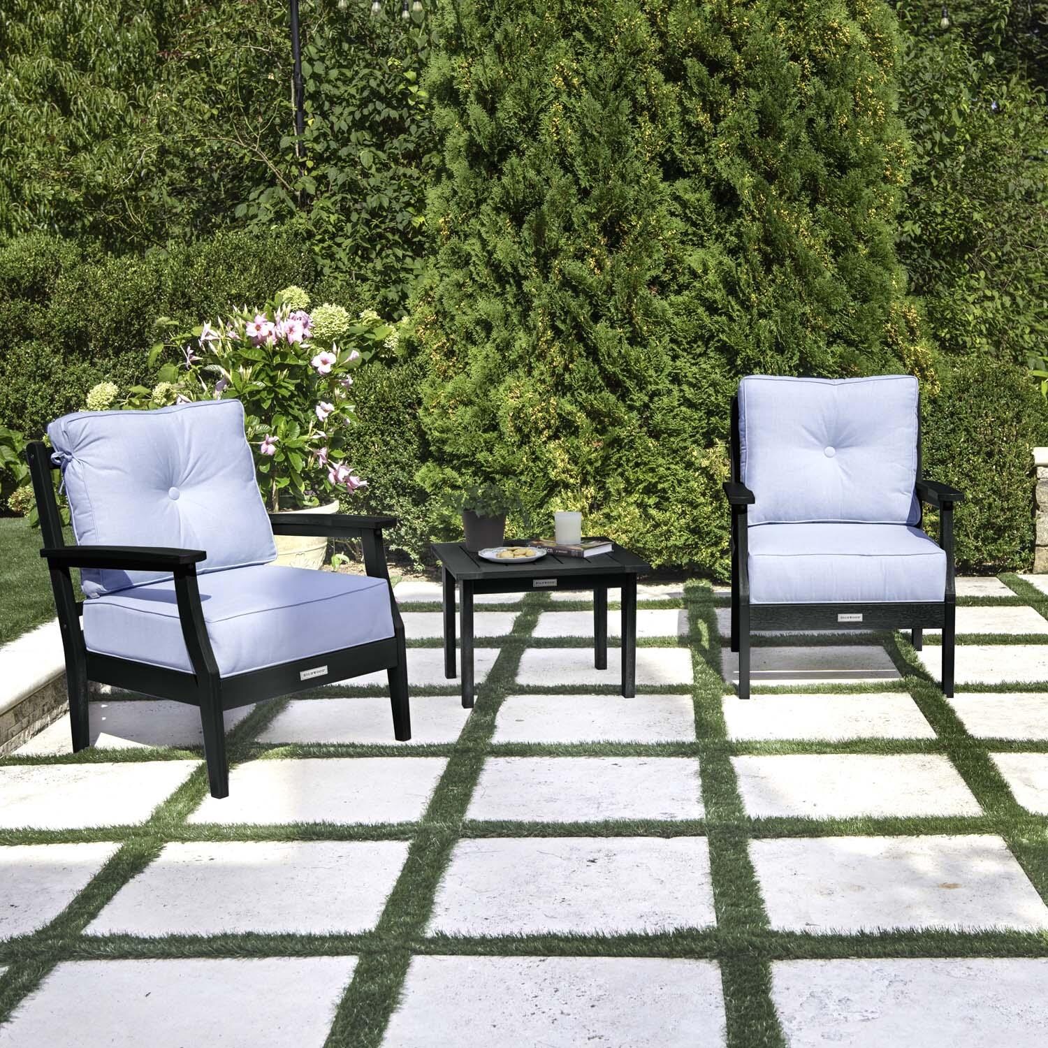 Blushing Bay 3 Pc Recycled Plastic Seating Set in Bliss Dew/Black by Lakeview Outdoor Designs - Angled Left - Lifestyle thumbnail