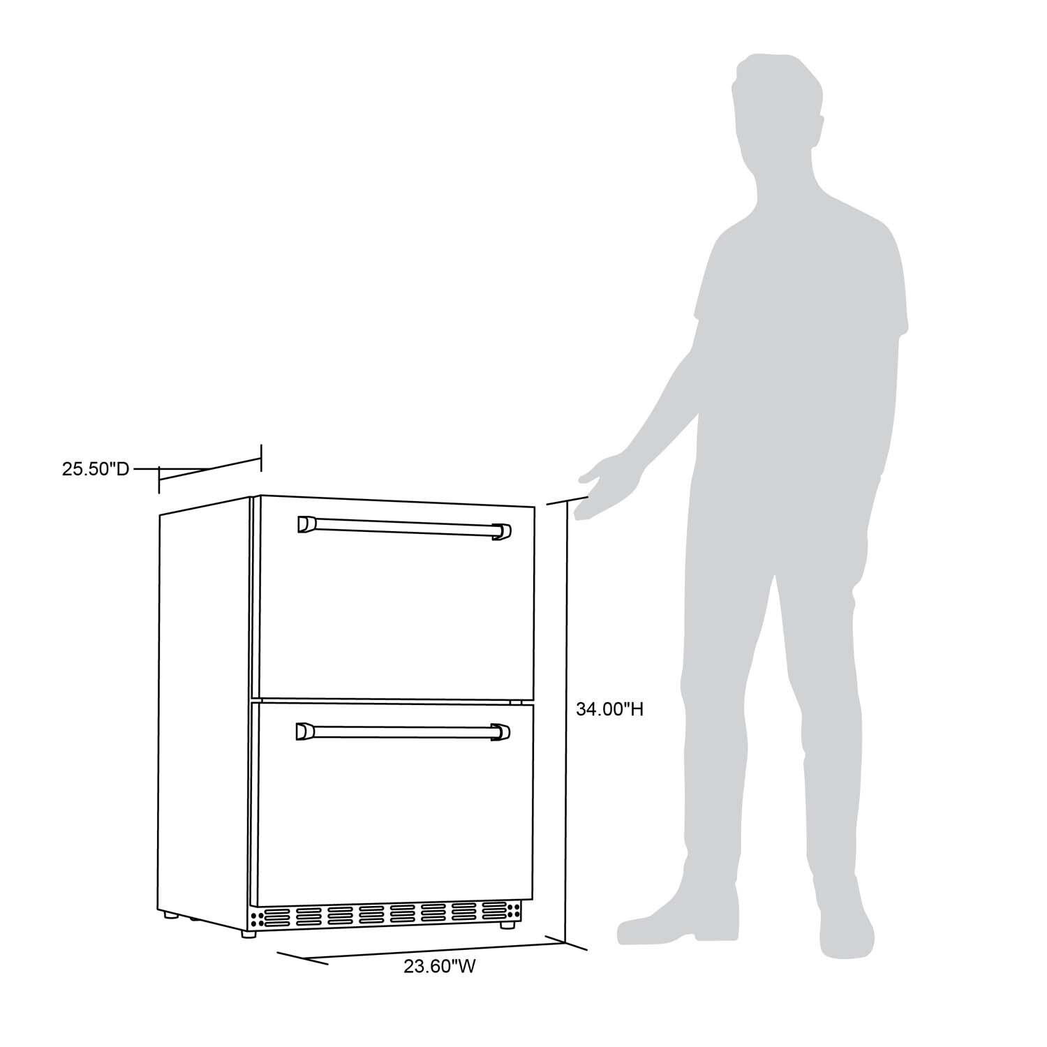 NewAir NCR040SS00 24 Inch 80 Can 20 Bottle Dual Drawer Commercial Built-in Outdoor Wine and Beverage Cooler - Stainless Steel - Undercounter - Dimensional thumbnail