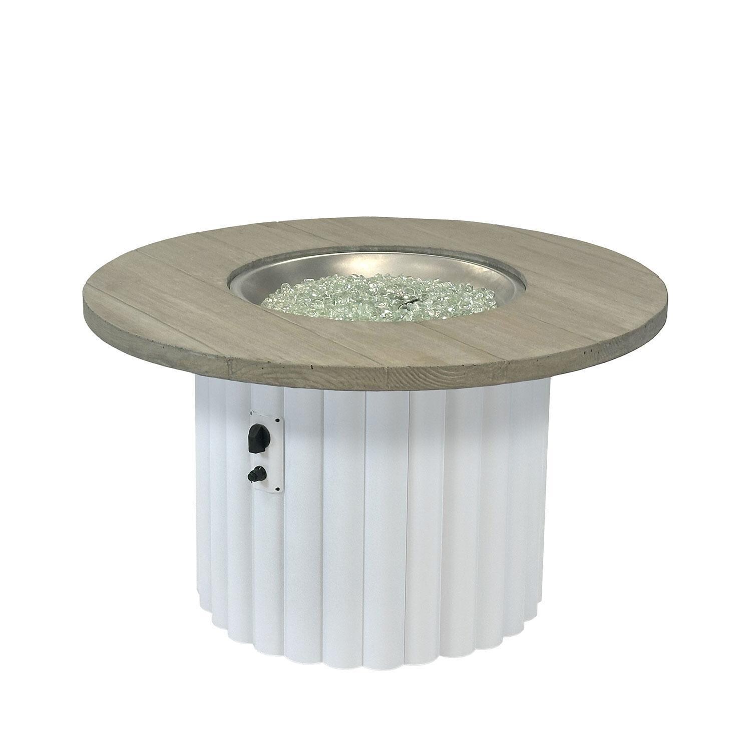 Reverie 42-in Round Aluminum Natural Gas Fire Pit Table in Smokey Oak Supercast Top & White Base (Ships Propane w/ Conversion Kit) by The Outdoor GreatRoom Company