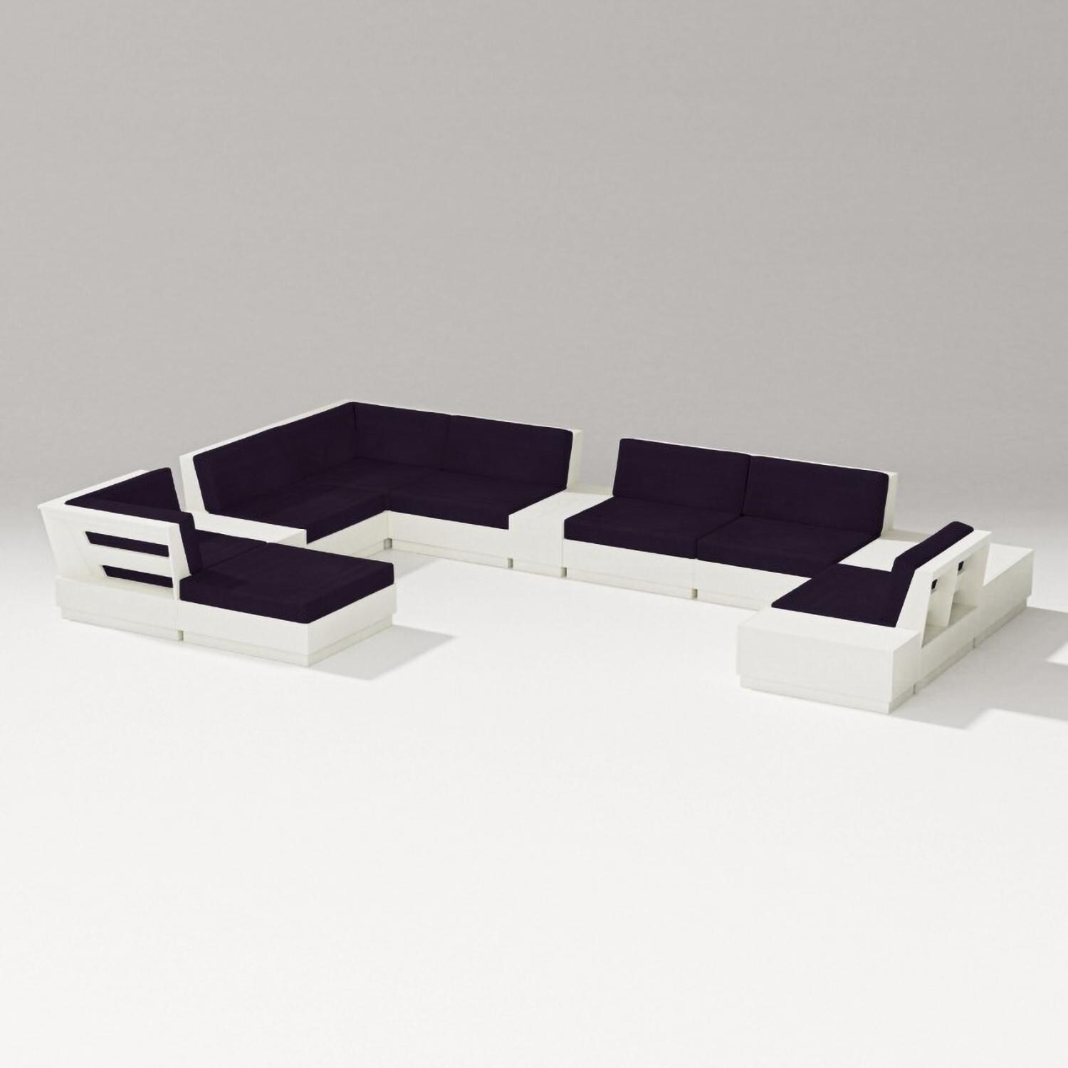 Elevate 12 Pc Recycled Plastic Chaise Sectional Seating Set in Vintage White/Navy Linen By PW Designer Series