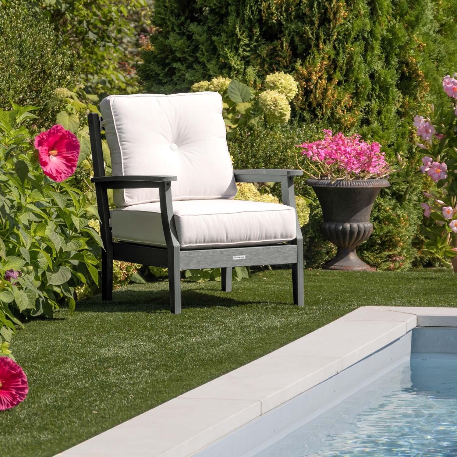 Blushing Bay Recycled Plastic Club Chair in Bliss Linen/Coastal Teak by Lakeview Outdoor Designs - In Garden - Lifestyle thumbnail