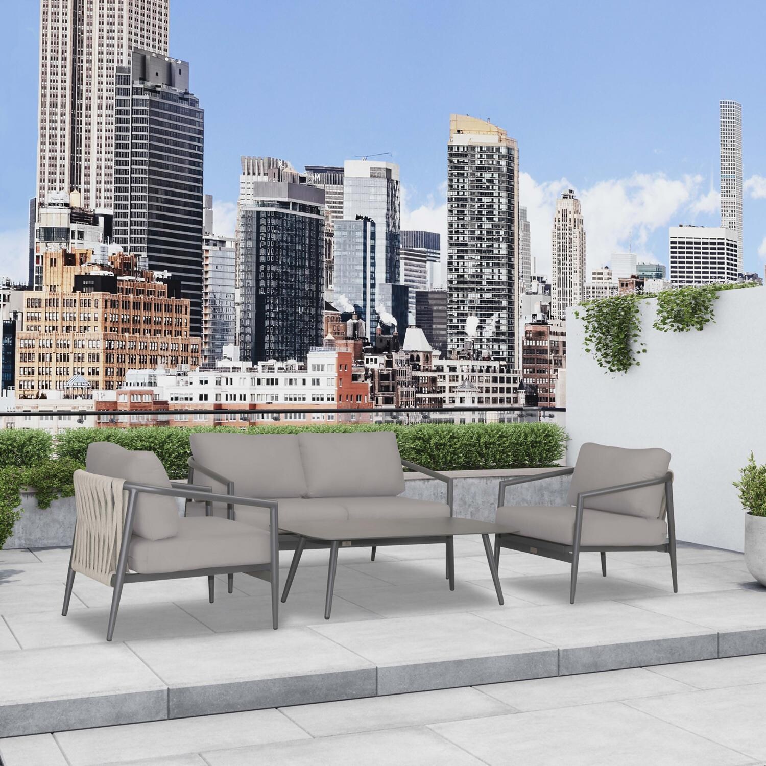 Lakeview Midnight Cove 4 Pc Aluminum Loveseat Seating Set in Slate/Pebble Gray/Canvas Charcoal - Angled - Lifestyle thumbnail