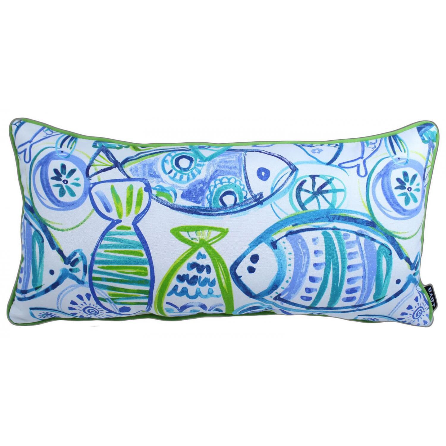 Green Caribbean Fish Outdoor Lumbar Pillow W/ Piping By Lava Pillows - 12 X 24 thumbnail