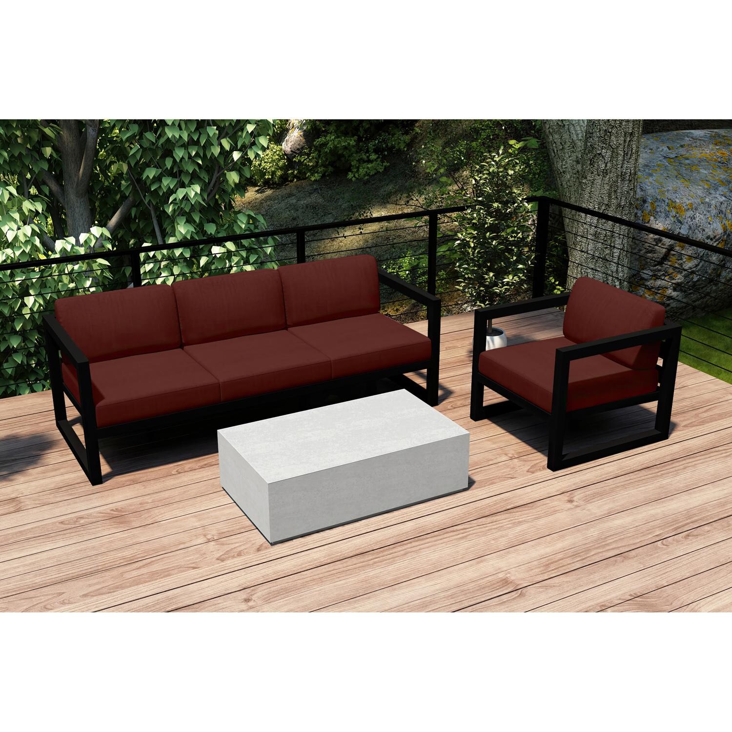 Lakeview MSTYMAS-BK-3SS-HN Misty Cove 3 Pc Aluminum Seating Set in Black w/Mason Coffee Table & Canvas Henna Cushions by Lakeview Outdoor Designs - Set on Patio - Lifestyle thumbnail
