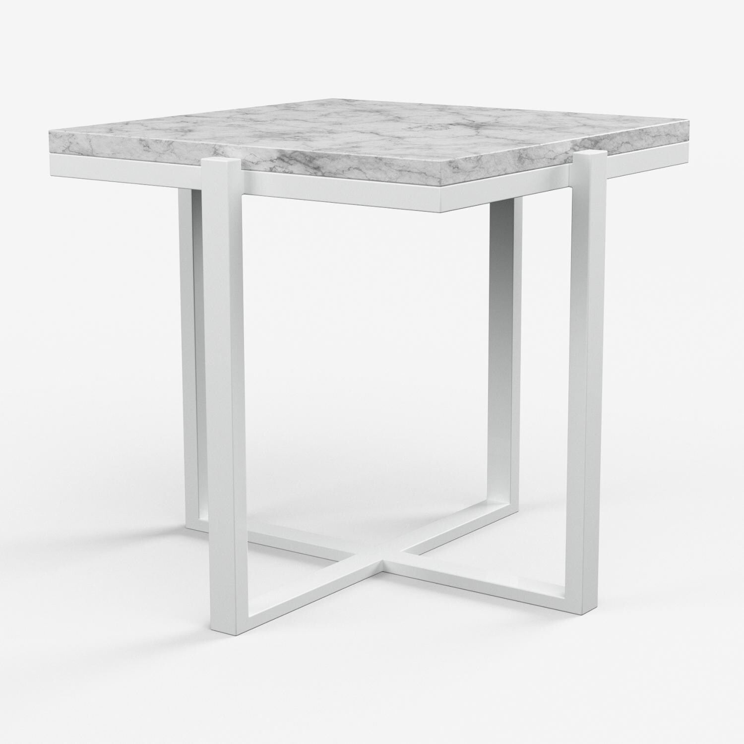 Sunset West Bazaar 22-Inch Square Aluminum Patio End Table W/ Honed Carrara Marble Top - Frost