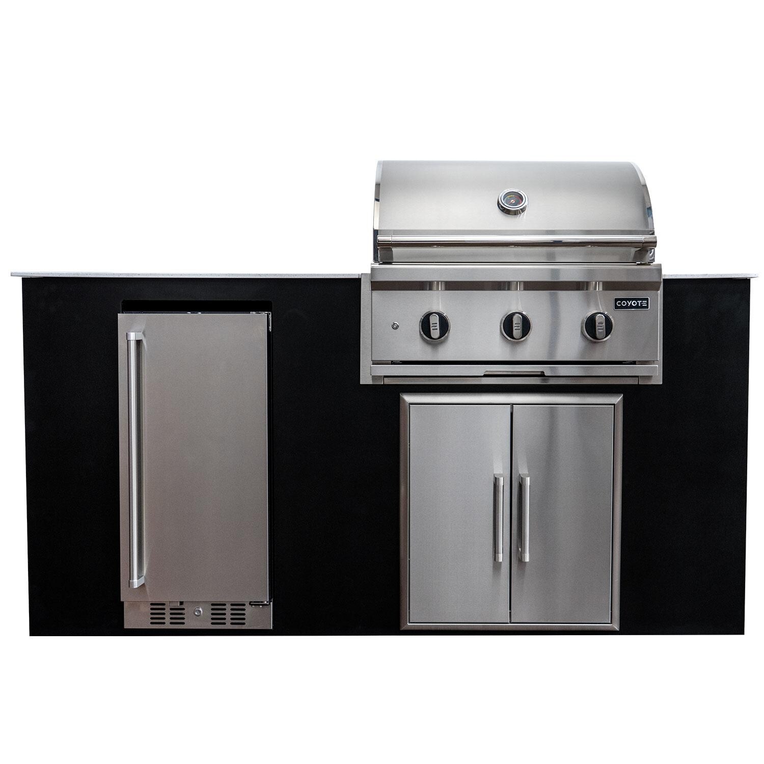 Coyote Key 6 Ft Outdoor Kitchen Island w/ SL-Series 30-in 2-Burner Built-In Natural Gas Grill, Insulated Jacket, Refrigerator & Access Door - Display - White Background thumbnail