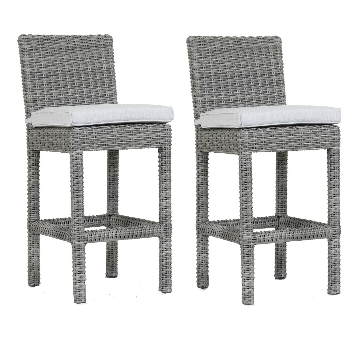Emerald II 2 Piece Wicker Patio Bar Stool Set w/ Sunbrella Canvas Granite Cushions By Sunset West