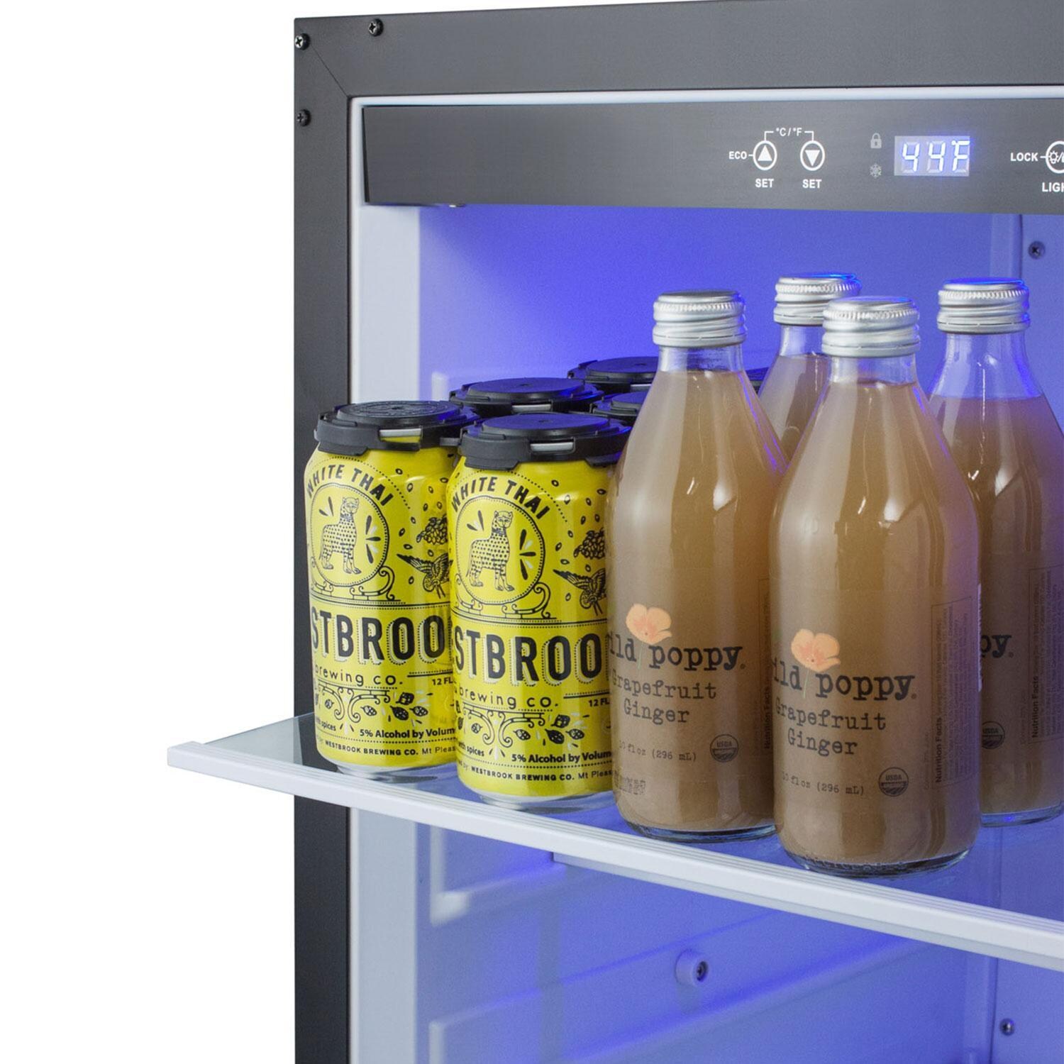Summit FF65CSS 24 Inch 4.6 Cu. Ft. Outdoor Stainless Steel Refrigerator - Close Up View of Beverages  - White Background